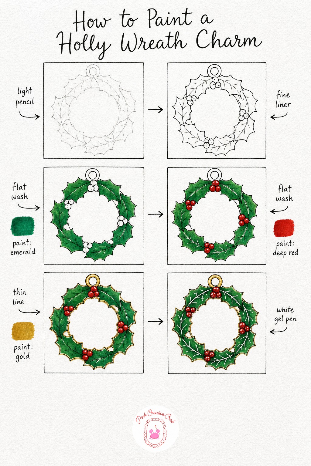 Holly and Berries Wreath Charm — Sketch a simple ring shape for the wreath base, then build small pointed holly leaves all the way around it, pointing outward