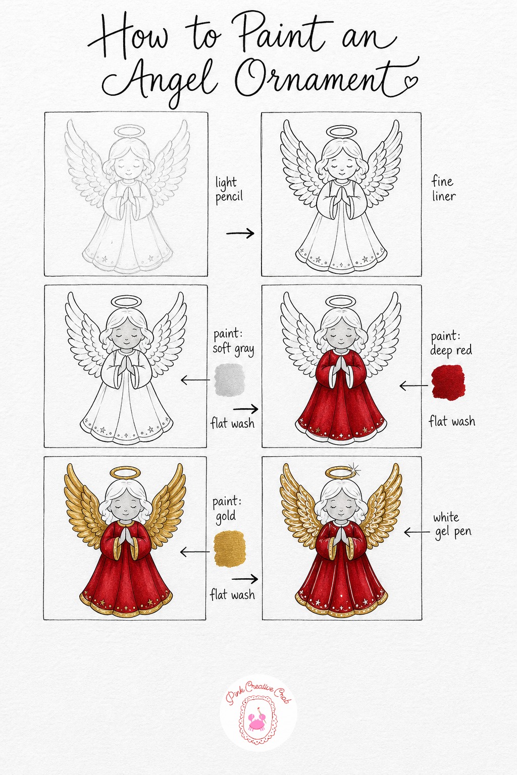 Angel Ornament With Gold Wings — Draw a simple standing figure in light pencil, a long robe shape tapering to the ground, two raised wings behind the