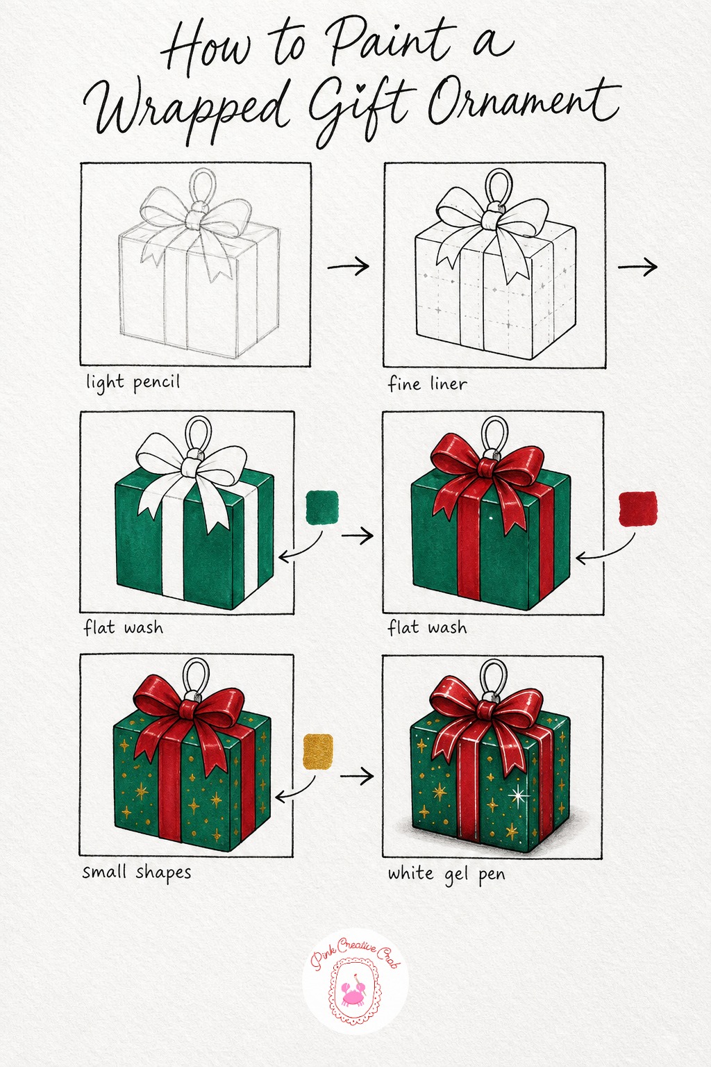 Mini Wrapped Gift Ornament — Sketch a simple square box shape in light pencil, then wrap a ribbon band around it both vertically and horizontally, tying it off