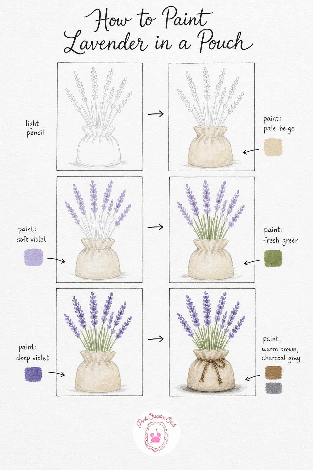 Lavender In A Linen Pouch — Sketch a small drawstring pouch with several tall thin lavender stems rising from it, spacing the stems unevenly so the bundle