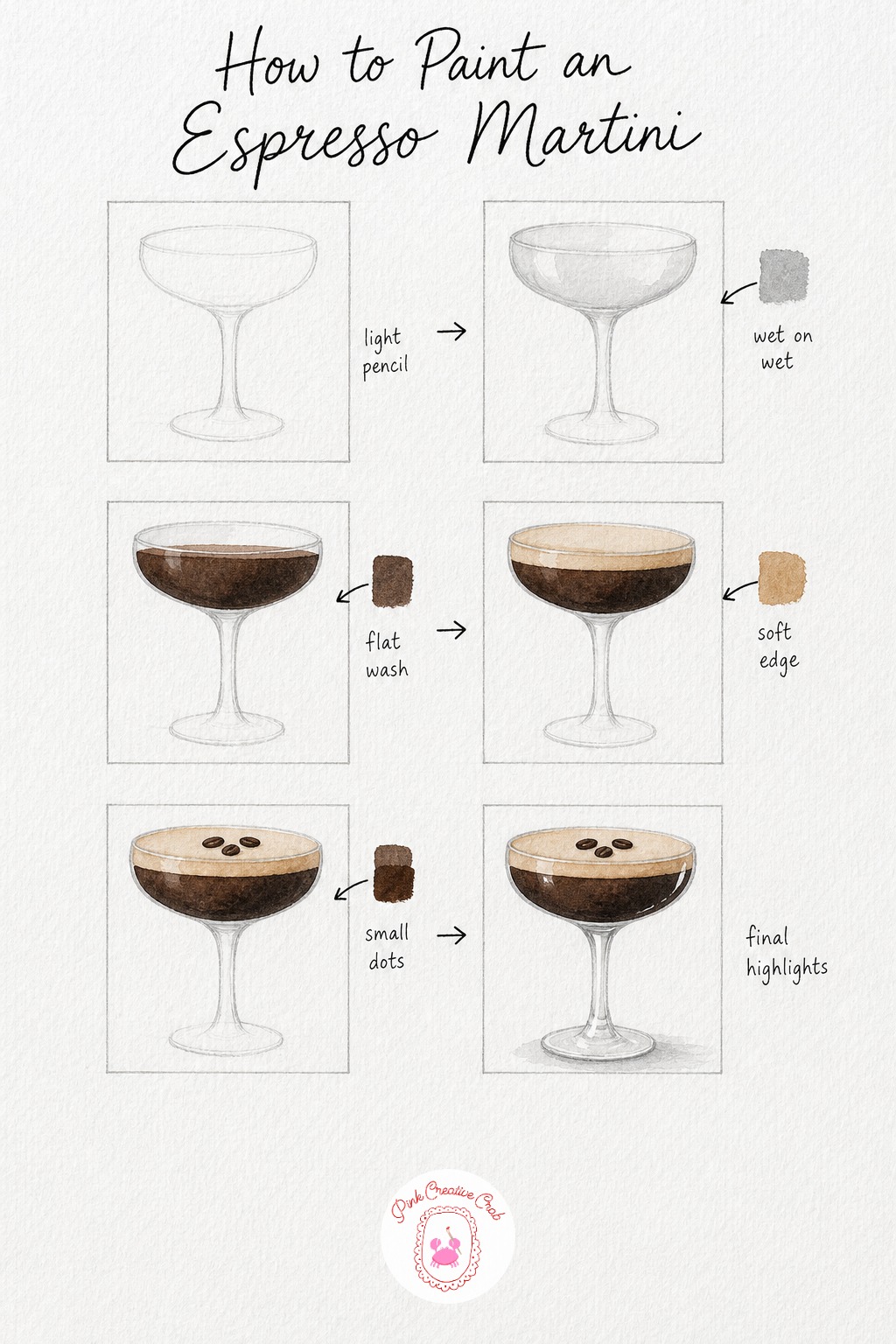Espresso Martini — Start this espresso martini with a light pencil coupe, a wide shallow bowl on a slim stem and a small round foot. Cocktail glass drawing