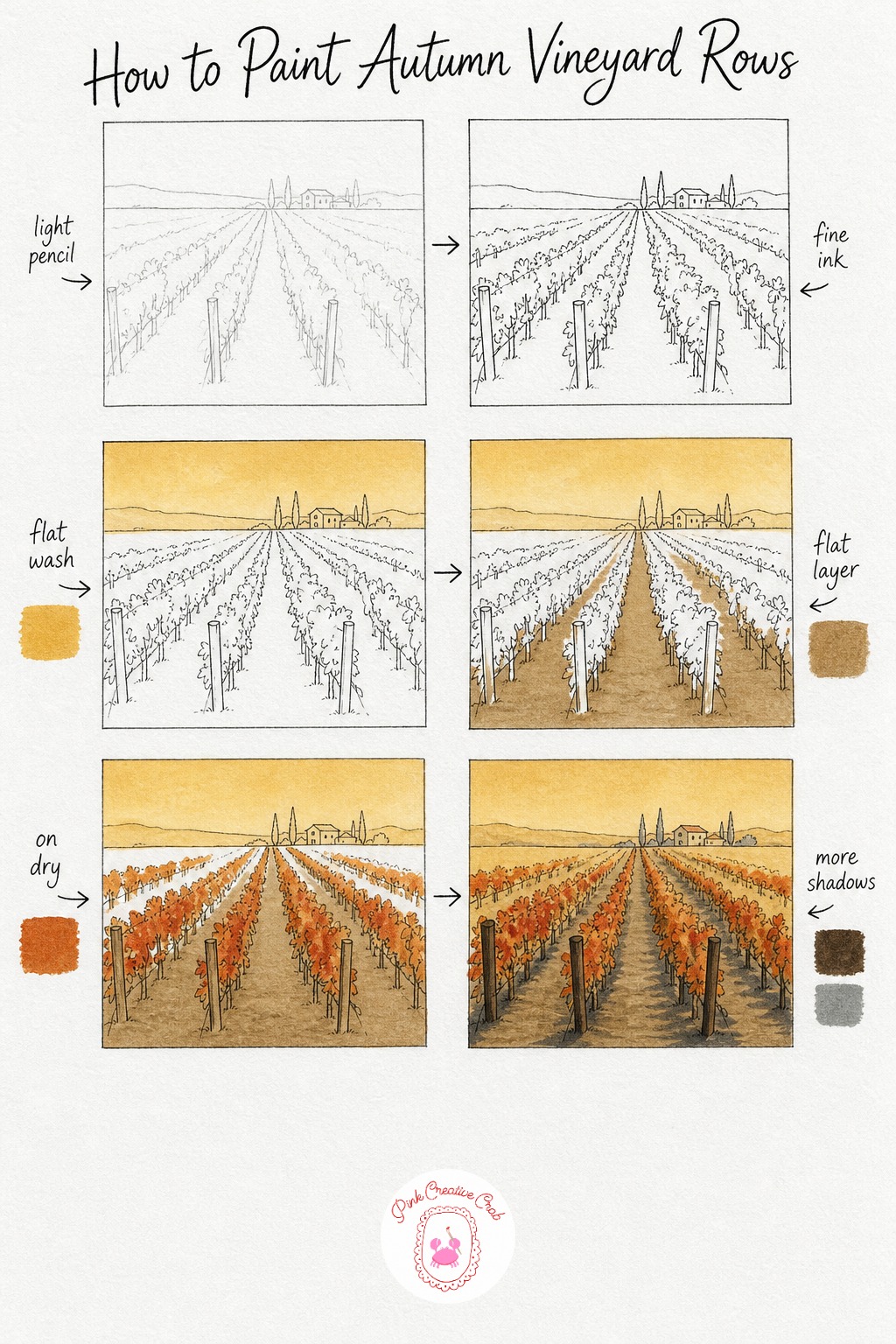 Vineyard Rows In Autumn — Sketch a horizon line and several rows of vines angled so they converge toward a point in the distance, this simple perspective trick