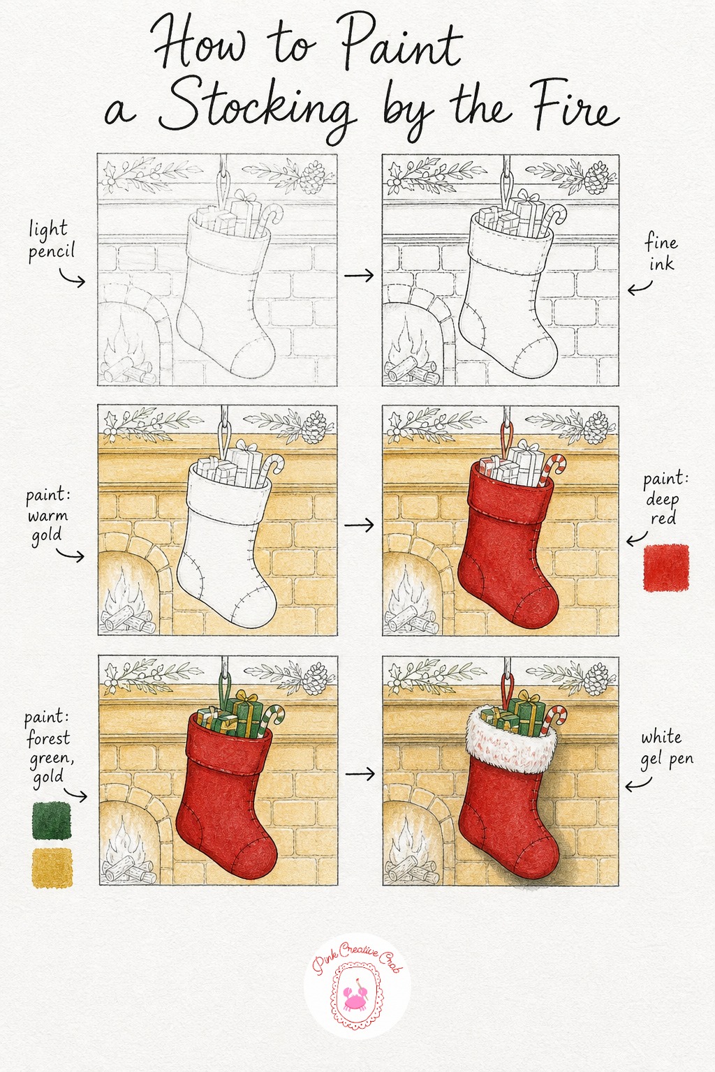 Stocking by the Fireplace — Draw the stocking as one long curved triangle with a rounded toe, hanging from a simple straight mantel line above. Step by step