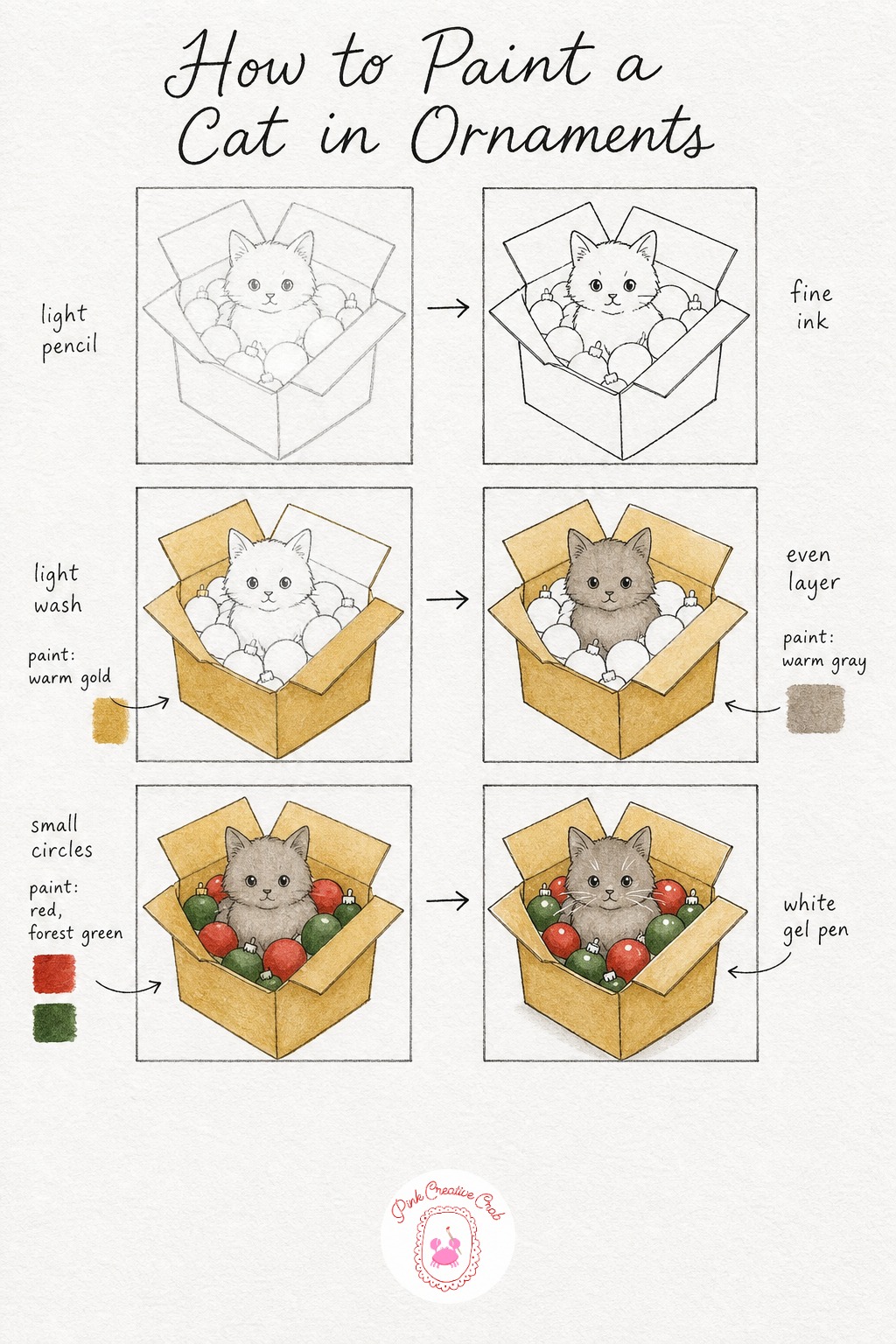 Cat in a Box of Ornaments — Sketch a simple open box first, just a rectangle with two flaps, then draw a small round cat sitting inside it with pointed ears