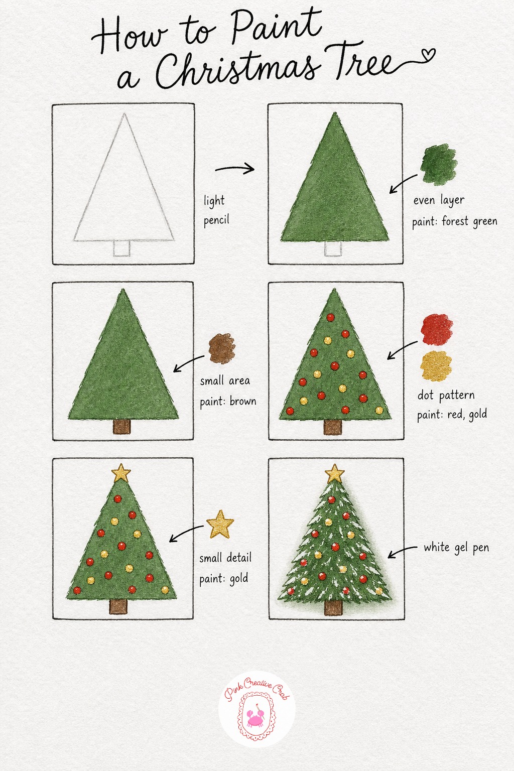 Christmas Tree With Ornaments — A Christmas tree starts as nothing more than a wide triangle with a small rectangle trunk underneath, no ink outline needed for