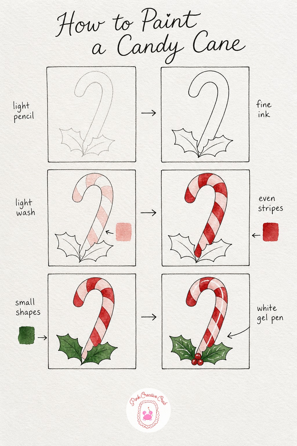 Candy Cane and Holly — Draw one long curved line like a shepherd's hook for the candy cane, then two small pointed oval leaves crossing at the base for the