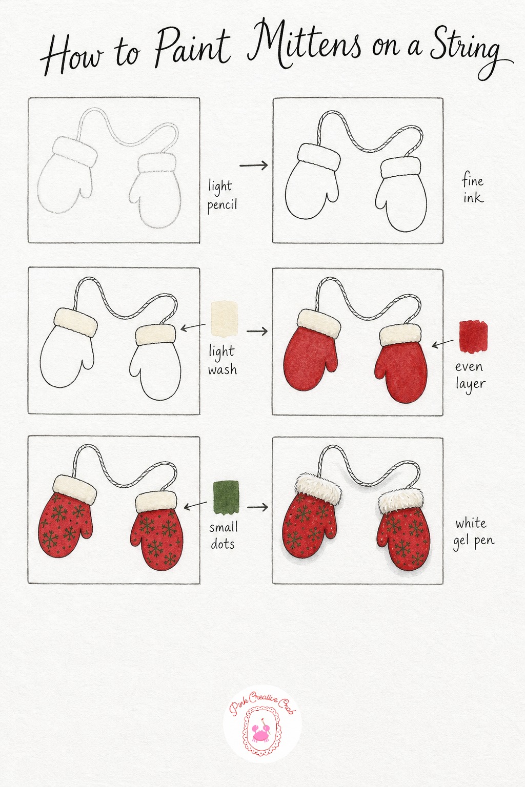 Mittens on a String — Draw two simple mitten shapes, like rounded thumbs sticking out from soft rectangles, connected by one curved string dipping between