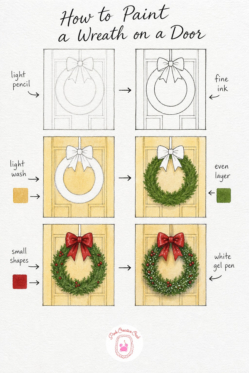 Wreath on a Door — Draw a simple door shape first, just a tall rectangle with a few panel lines, then a plain circle wreath hanging in the center. Step by step