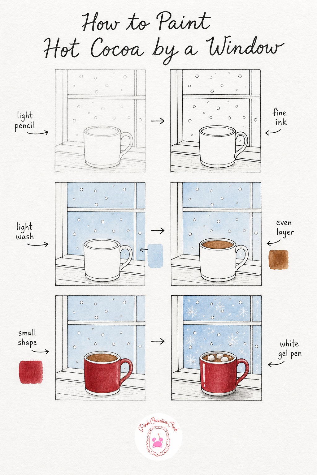 Hot Cocoa by the Window — Sketch a simple mug shape sitting on a flat windowsill line, with a window frame behind it and a few small snowflake dots scattered