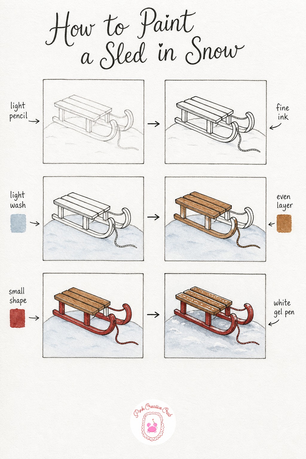 Little Sled in the Snow — A sled is just a few straight slats sitting on two curved runners, so sketch the flat rectangle top first, then the curved lines