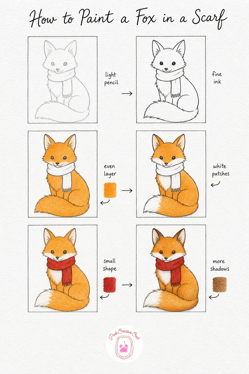 Fox in a Scarf — A sitting fox is mostly a rounded triangle body, pointed ears, a long bushy tail curling around the side, and a simple scarf drawn as a loop