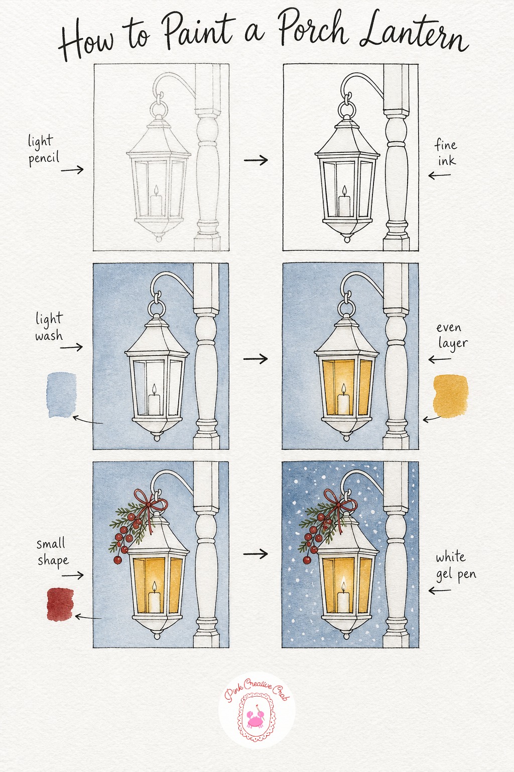 Lantern on a Porch — Sketch a simple square or hexagon lantern shape hanging from a hook, with a short candle shape inside, and one straight porch post line