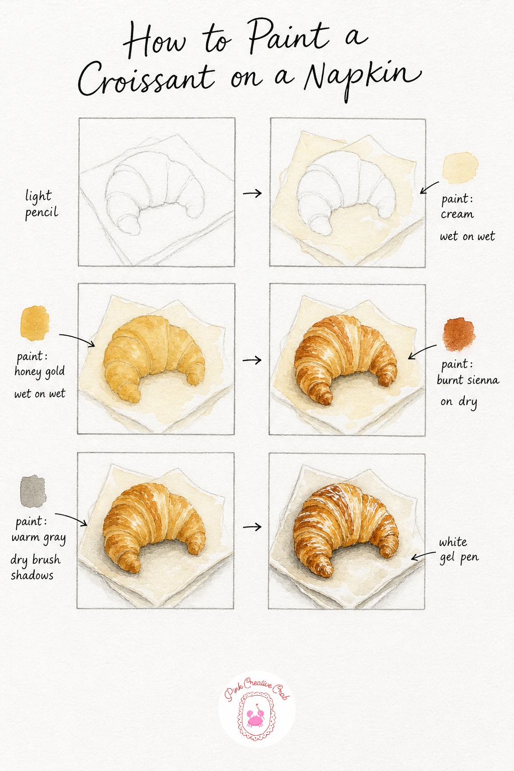 Croissant on a Napkin — Draw the crescent shape with a few gentle ridge lines running along its curve, then sketch a simple folded napkin underneath, a soft