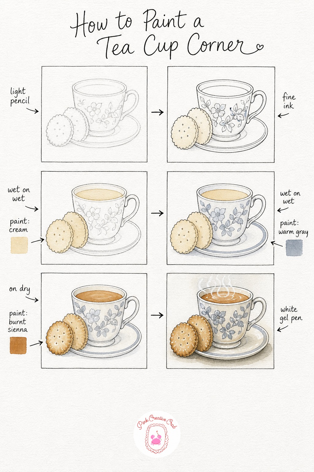 Tea Cup and Biscuit Corner — Sketch a simple teacup on its saucer with two biscuits leaning against the cup's side, a cozy little corner rather than a full