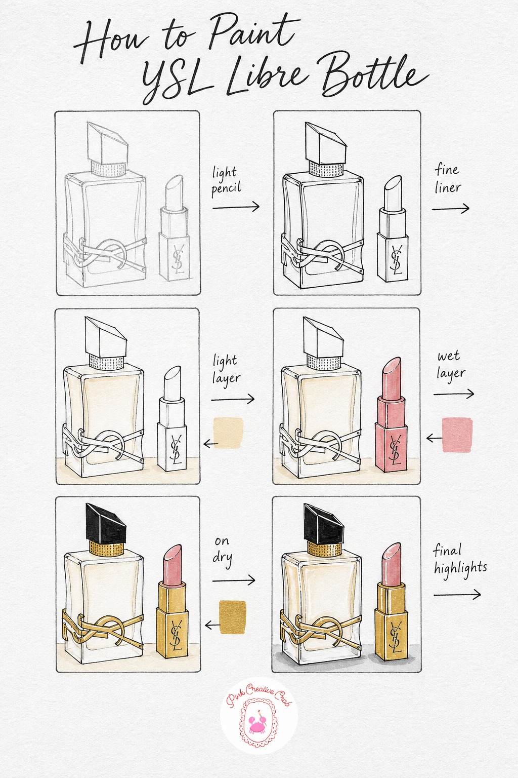 YSL Libre and Lipstick — Draw the bottle's distinctive angled cap first, it sits diagonally on the bottle like a tilted hat, then build the rounded body
