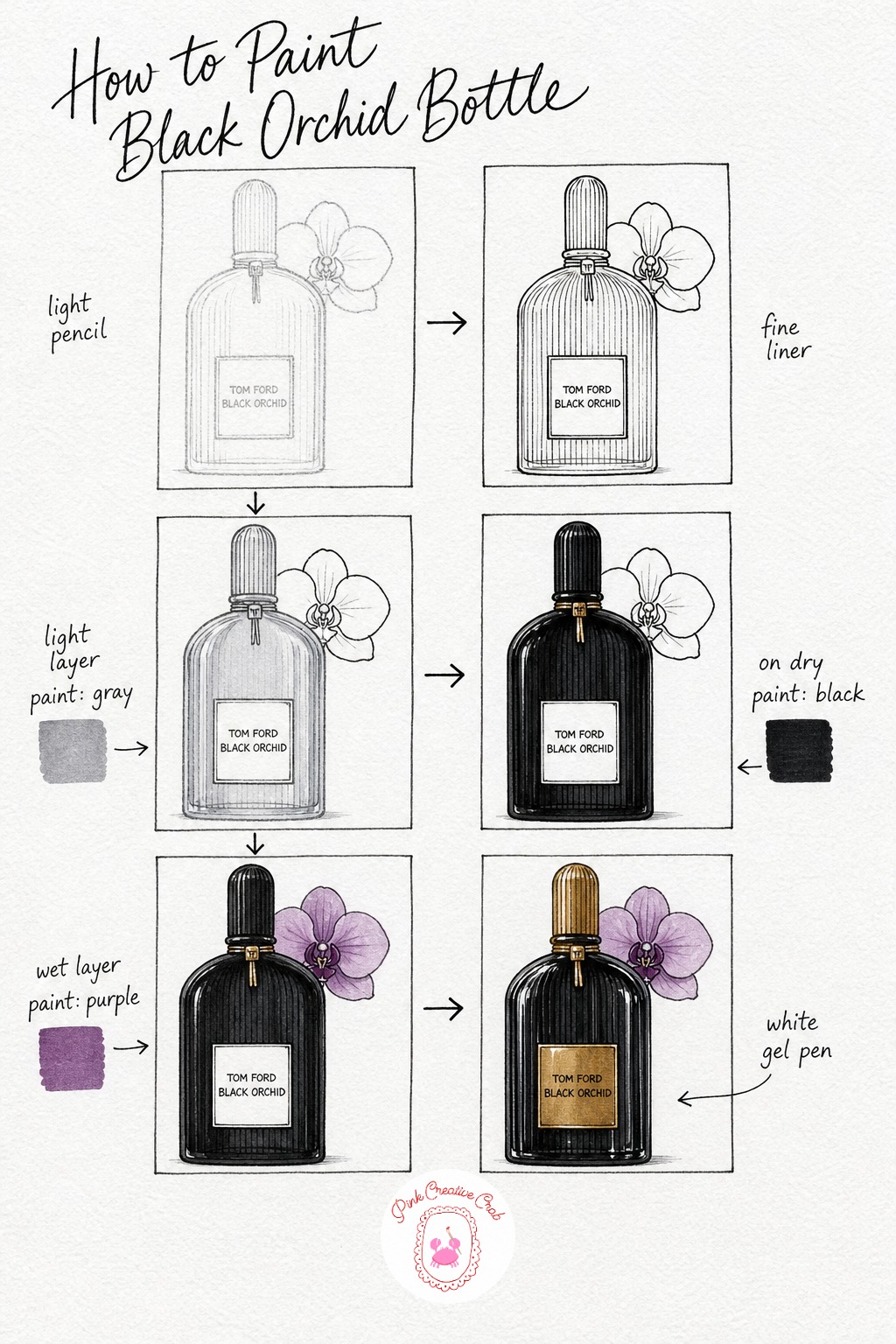 Tom Ford Black Orchid — Sketch the bottle as a tall, elegant rectangle with gently rounded corners, then add one simple orchid bloom resting near the cap, just