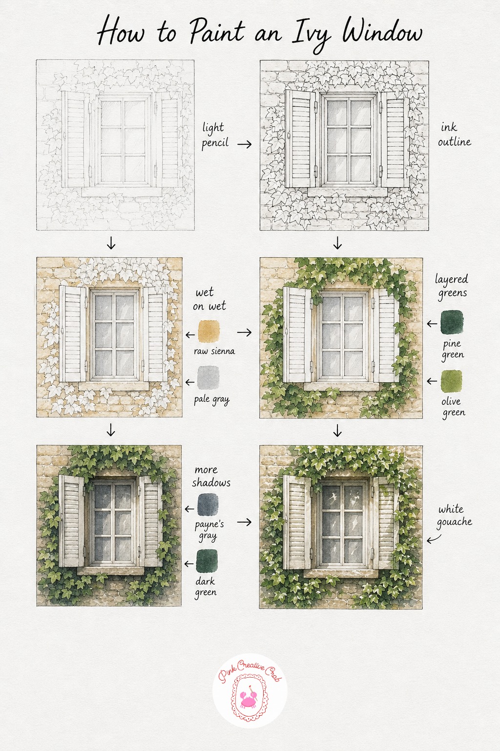 Ivy Window With Morning Light — Start with a light pencil sketch of the window, just enough to place the frame and the rough shape of the ivy climbing across
