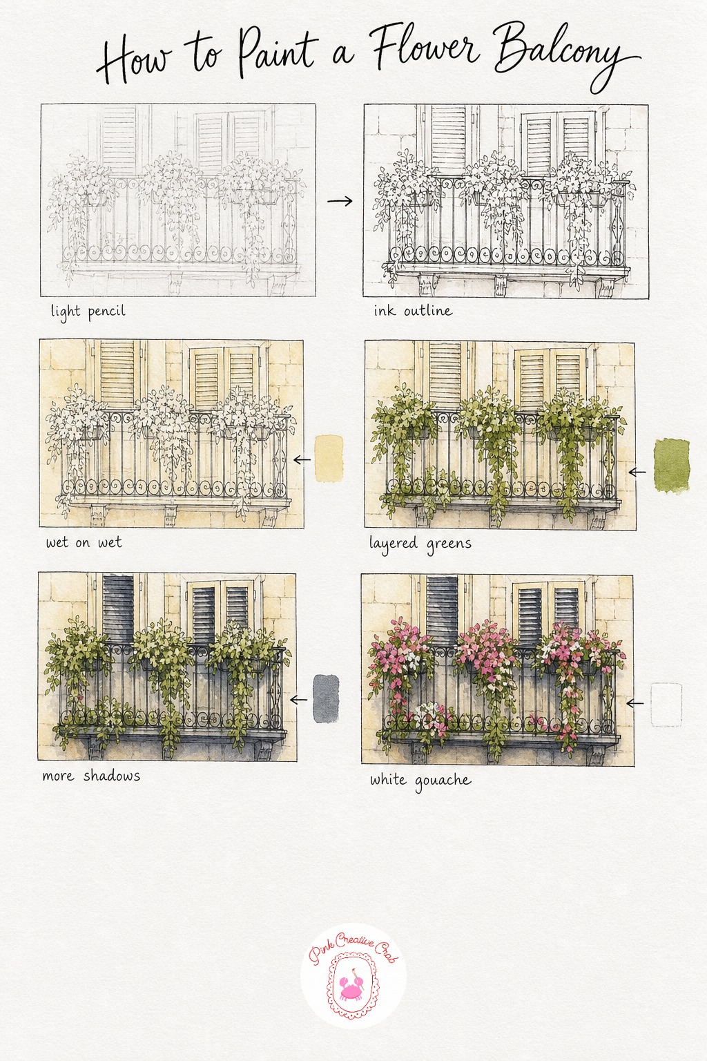 Balcony Of Hanging Flowers — Sketch the balcony rail first since it anchors the whole scene, then add the shutters behind and the rough outline of the flower
