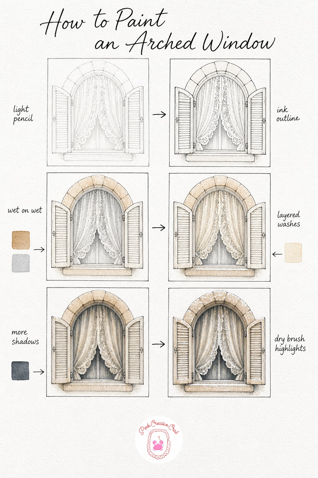 Arched Window With Lace Curtains — Sketch the arch shape carefully since a wobbly curve is more noticeable than a wobbly straight line, then add the curtain