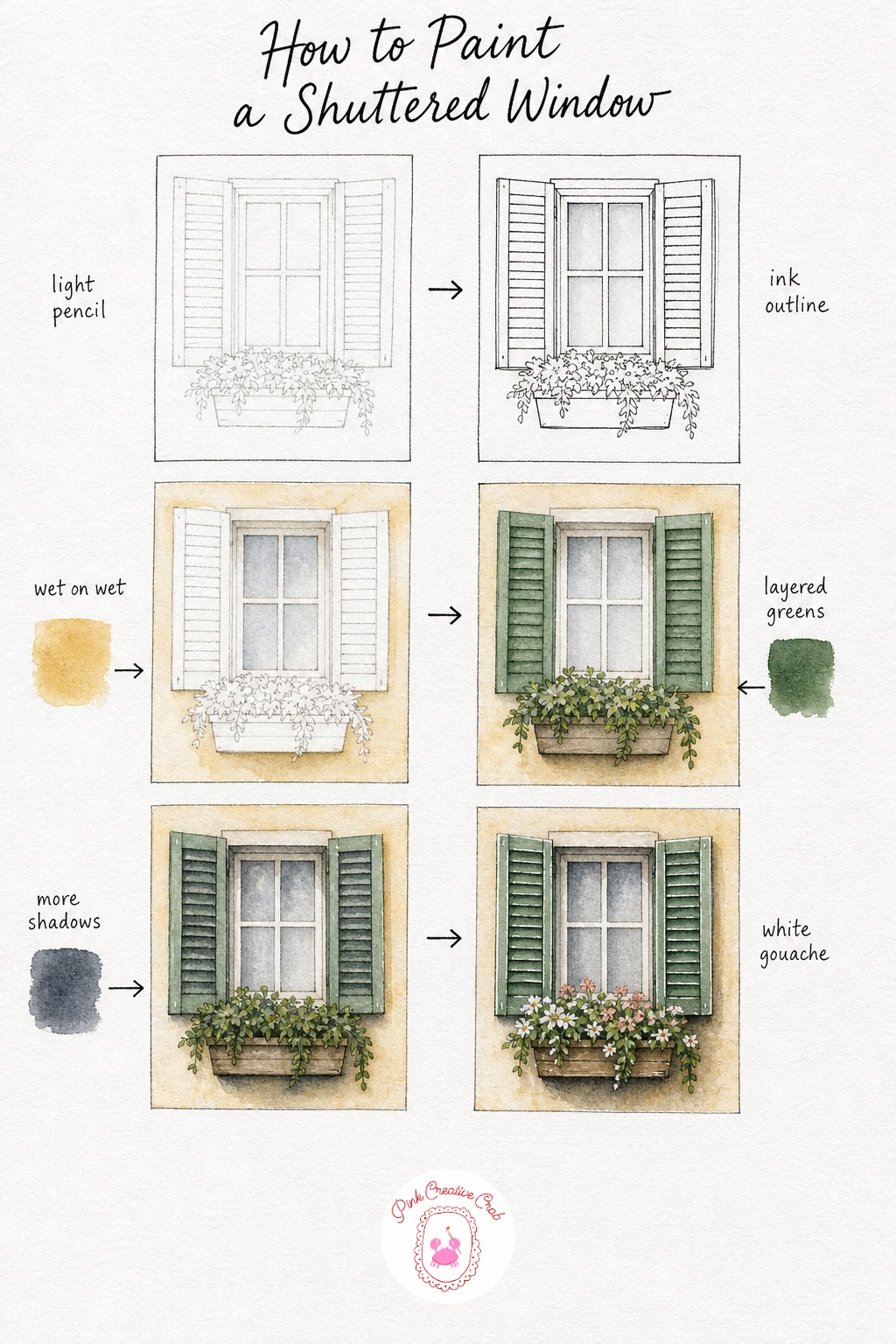 Shuttered Window With Flower Box — Sketch the shutters as two simple rectangles with evenly spaced slat lines, then the flower box sitting just under the sill.