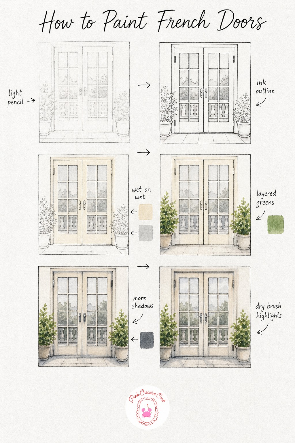 17 Step by Step Watercolor Tutorial Lessons for Ivy Windows, Blue Doors and Flower Balconies