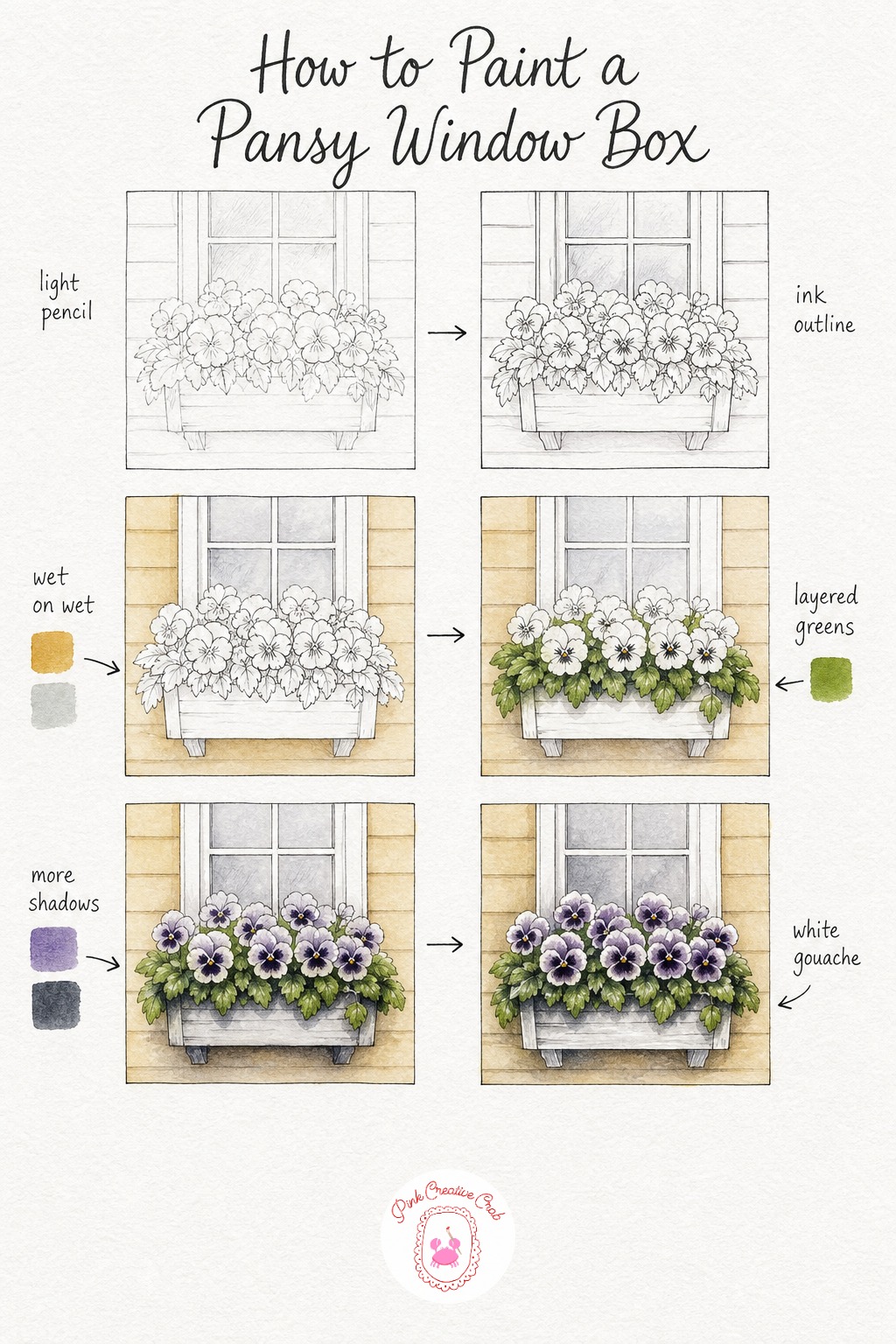 Window Box Full Of Pansies — Sketch the window frame simply, then crowd the box beneath it with loose oval shapes for each pansy bloom and a scatter of leaves.