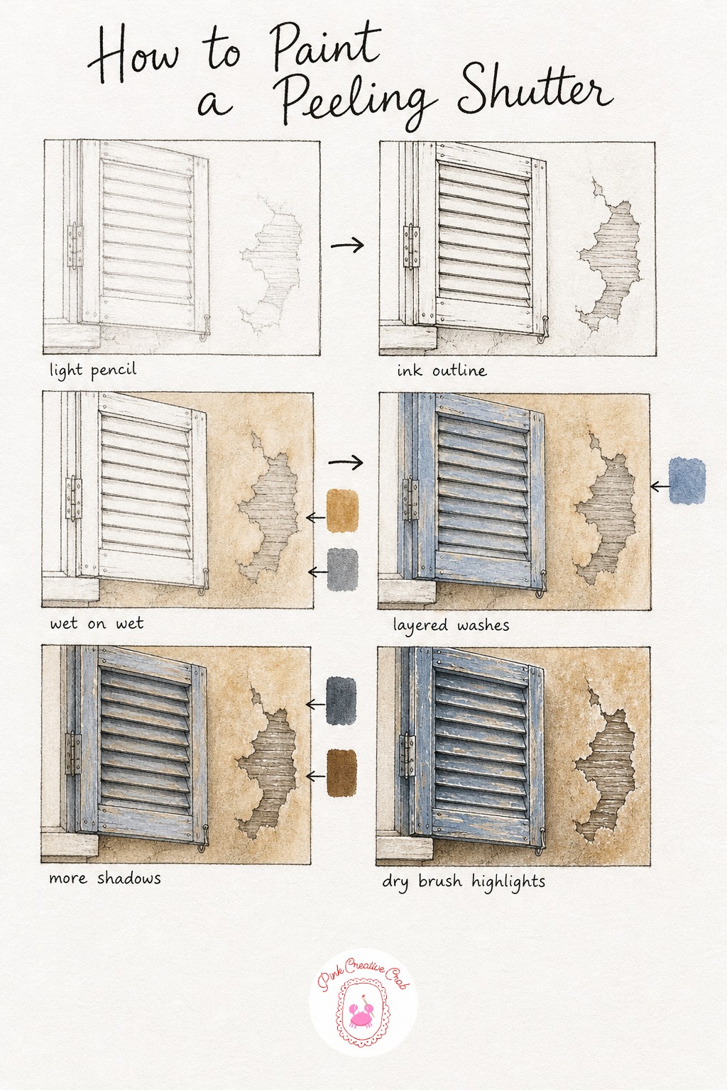 Half-Open Shutter With Peeling Paint — Sketch the shutter hanging slightly open from the wall, then mark a few rough patches where you plan to leave the wood