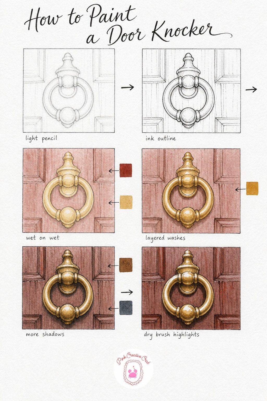 Door Knocker Close-Up — Zoom in for this one, sketching just the knocker and a small patch of door panel around it, large enough to show the wood grain.