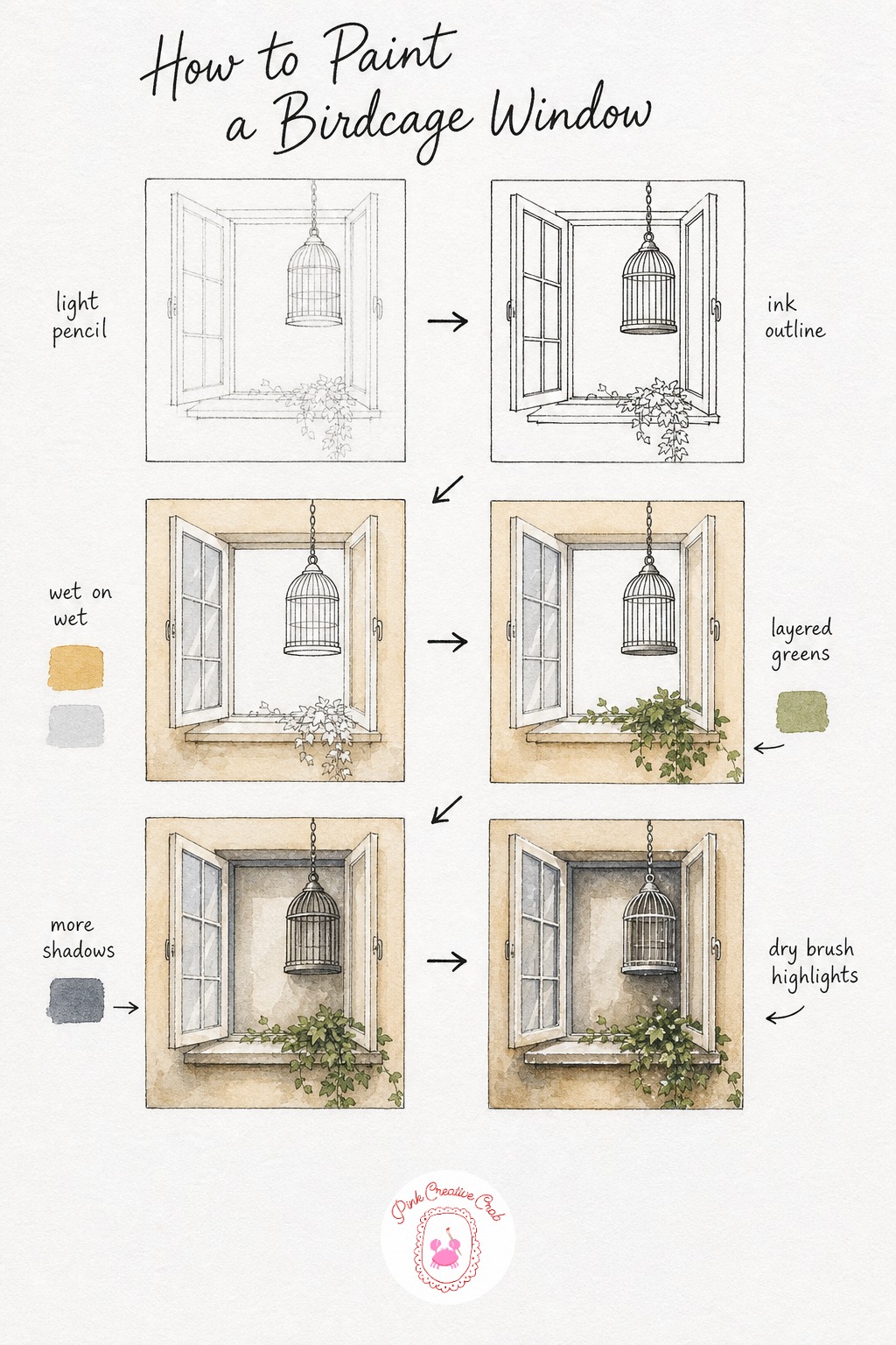 Open Window With Birdcage — Sketch the window open slightly, with the sill extending out and the birdcage hanging just outside it or resting on the ledge.