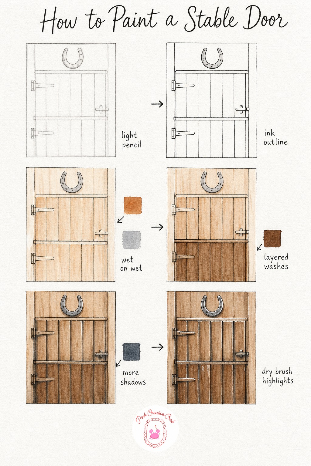 Stable Door With Horseshoe — Sketch the door split into two halves, upper and lower, with the horseshoe placed just above the frame for luck. Watercolor