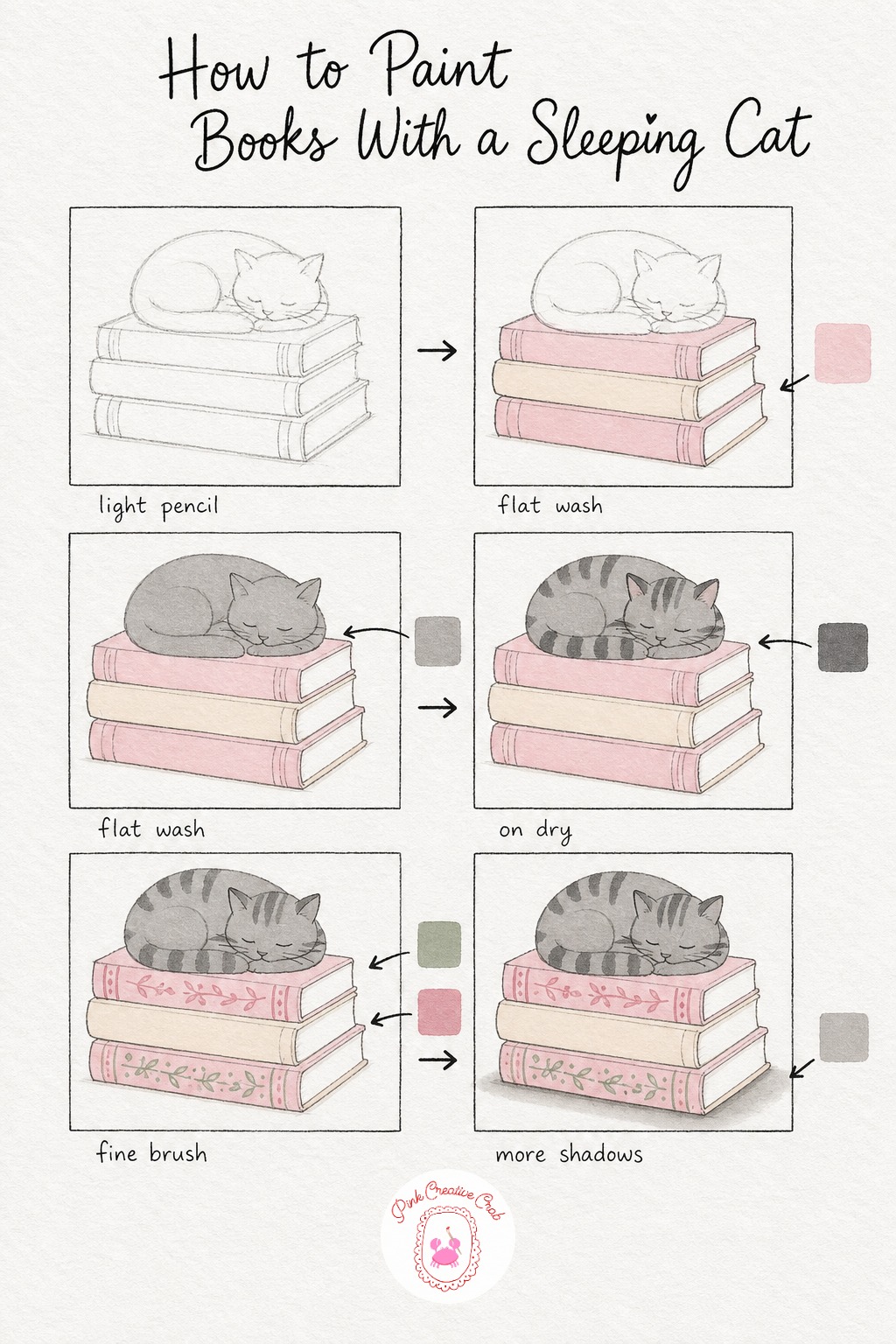 Pastel Stack With a Sleeping Cat — Sketch four stacked books with a simple curled oval shape resting on top for the sleeping cat, tucking in a small triangle