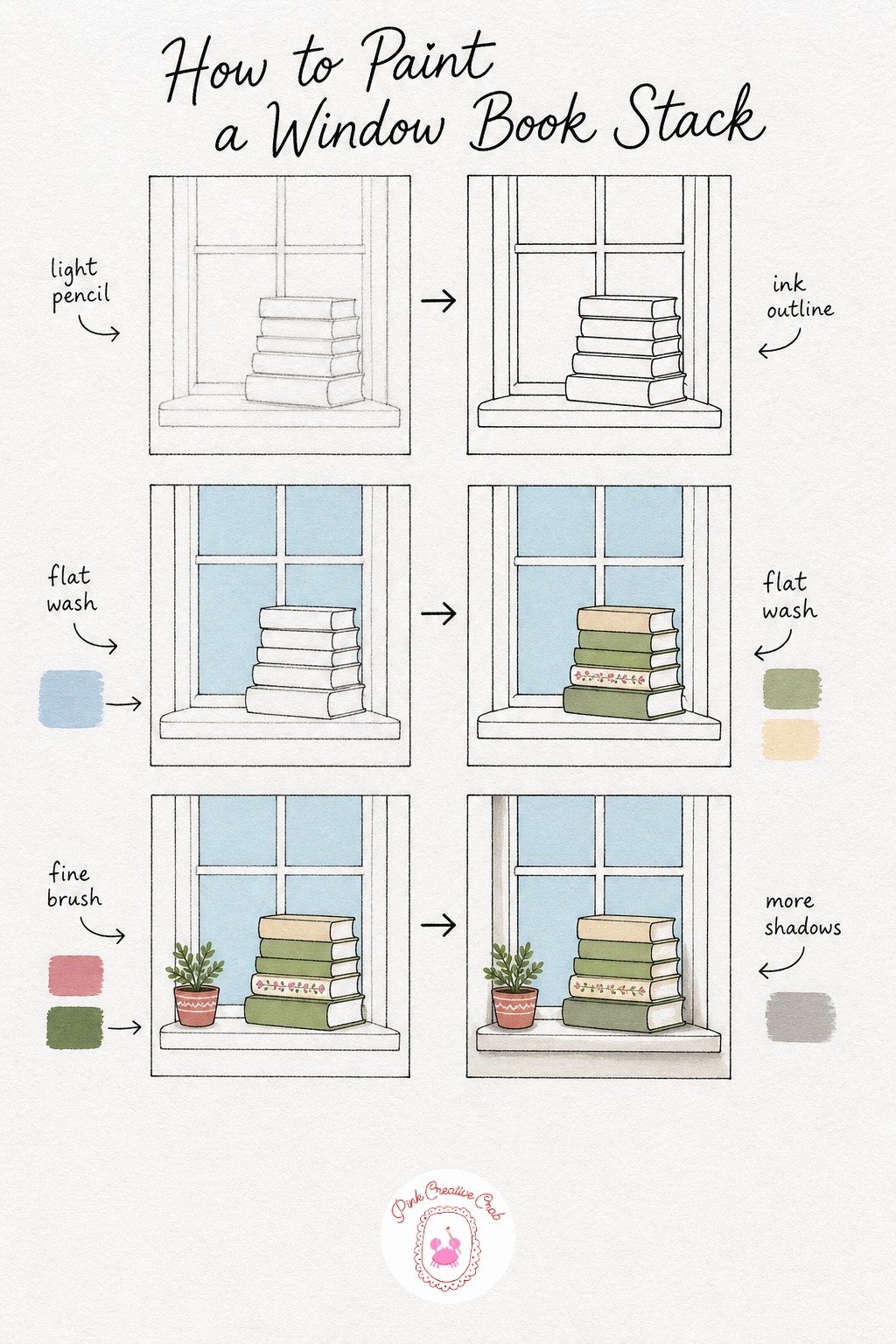 Cottage Window With Book Stack — Sketch a simple window frame with a sill, then draw a short stack of books sitting on the sill and leave a little space for a