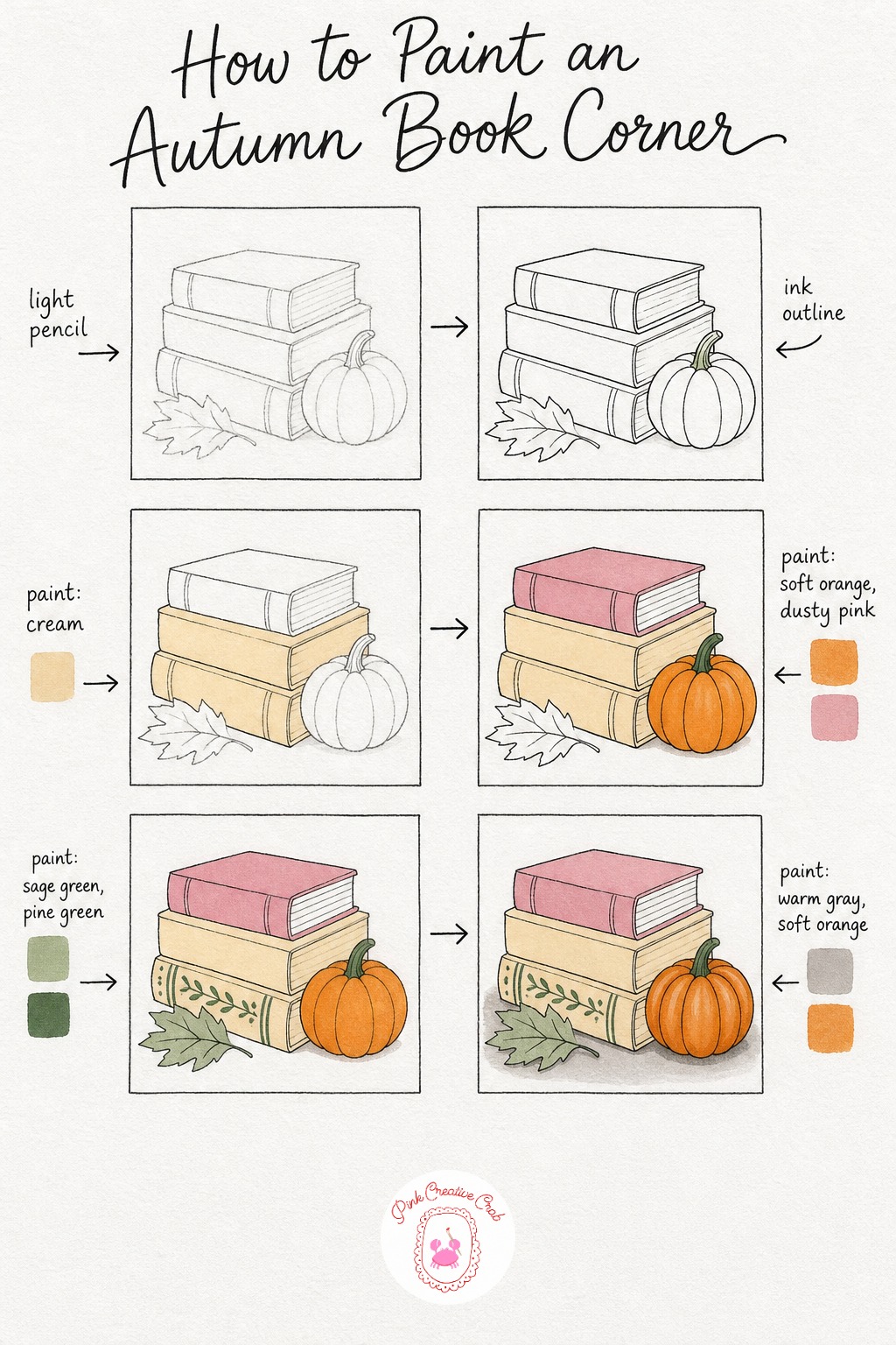 Autumn Corner With Pumpkin — Sketch a short stack of books with a small rounded pumpkin and a single fallen leaf resting beside them, keeping the pumpkin