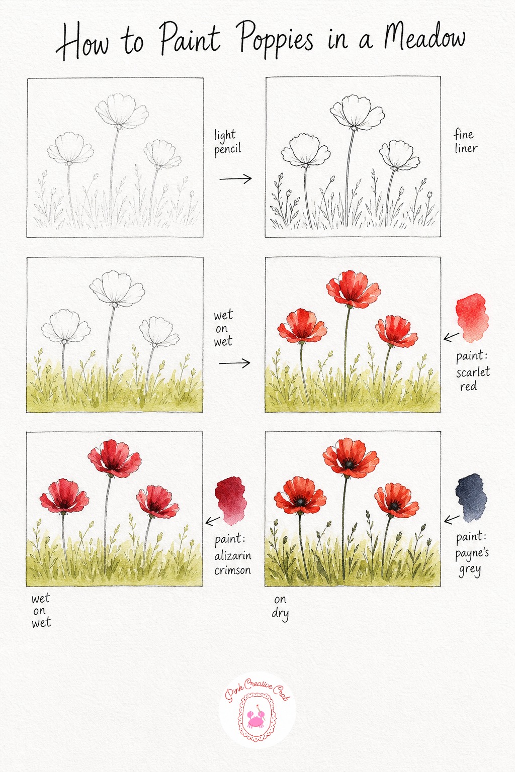 Poppies in a Meadow — Sketch three poppy heads at different heights above one simple meadow line, keep it loose since poppies are forgiving flowers to paint.