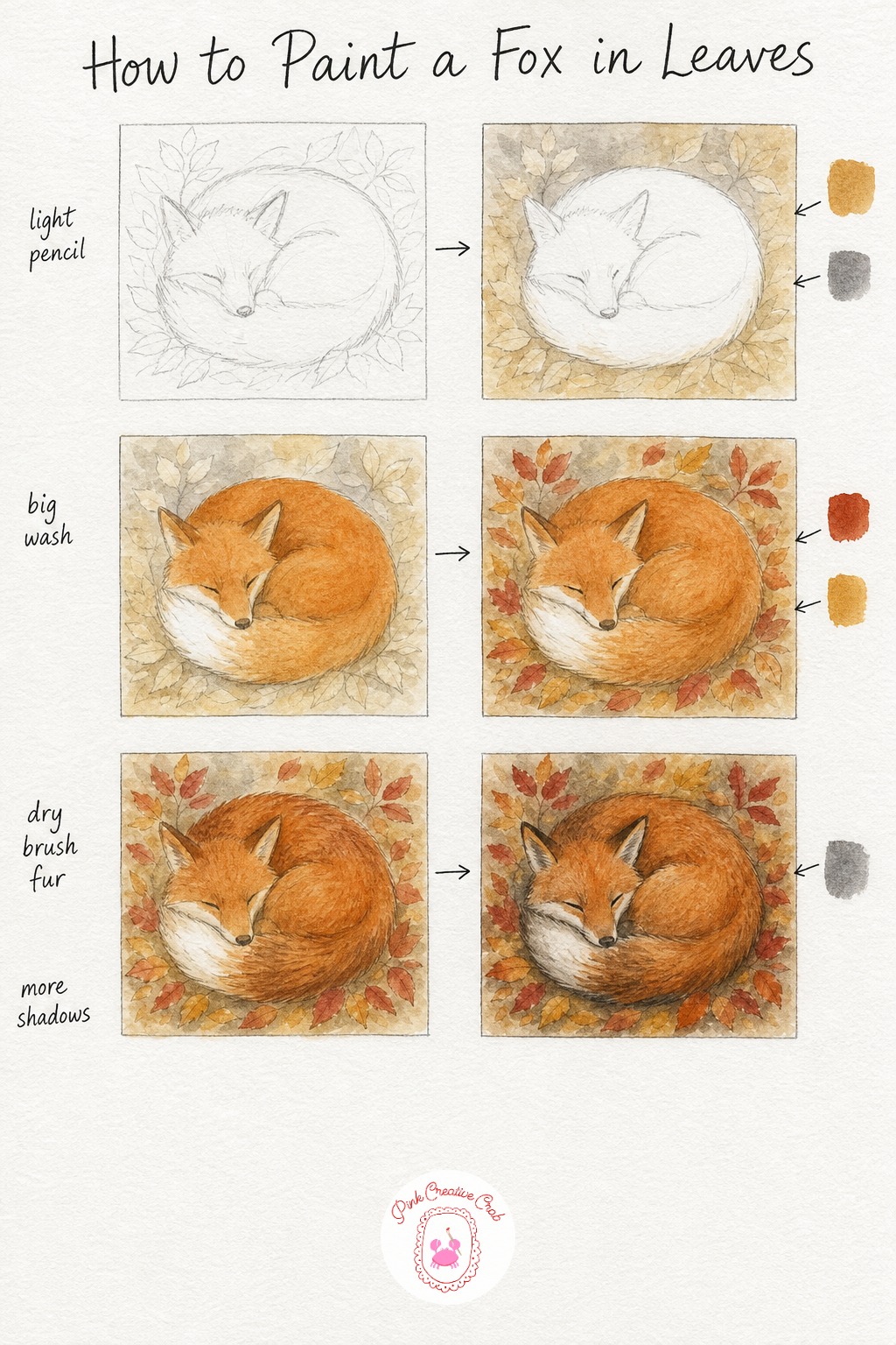 Fox Curled In Leaves — Start with a very light pencil outline of the fox curled into a comma shape, nose tucked near the tail, then scatter a few leaf outlines
