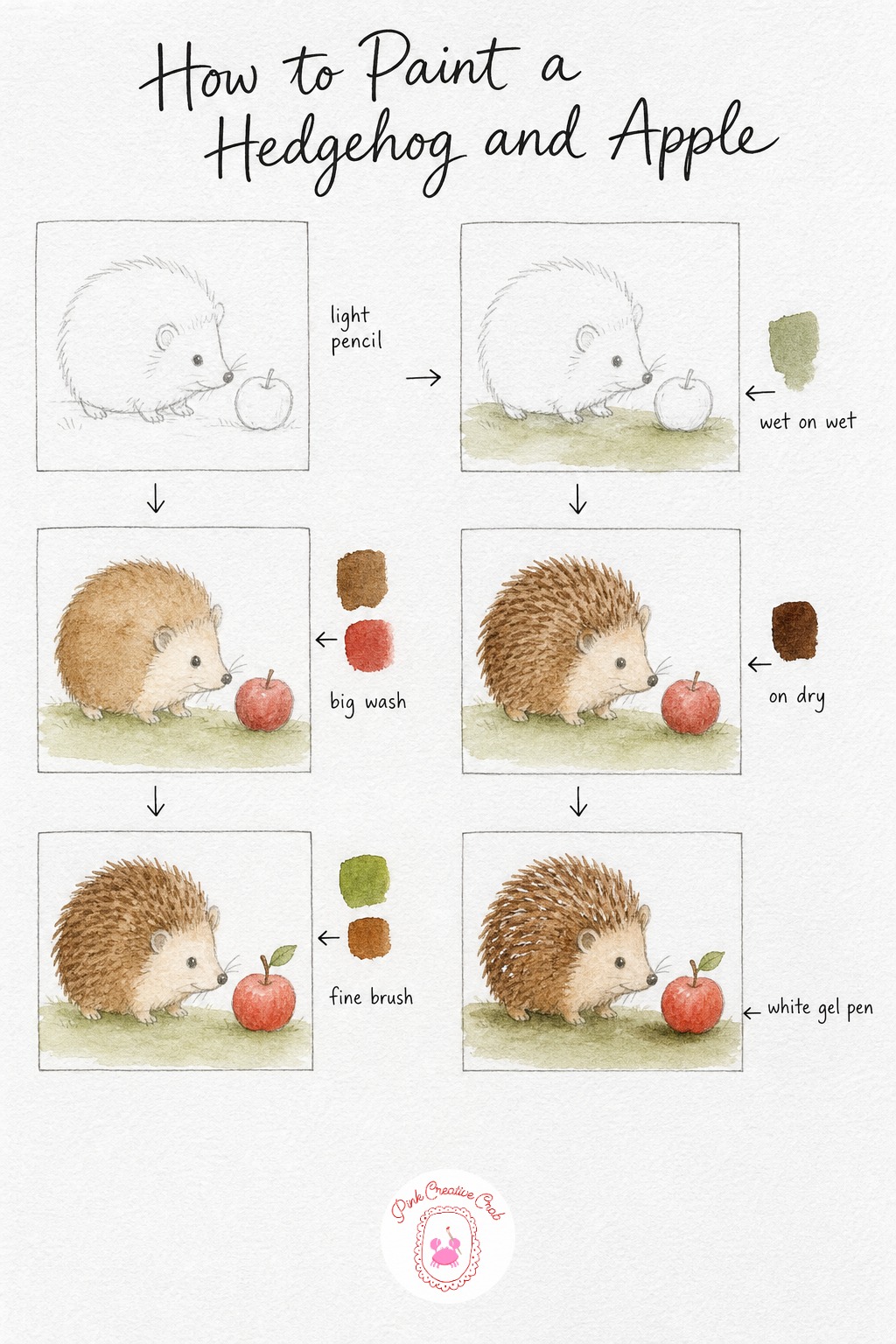 Hedgehog With An Apple — Draw the hedgehog as a simple rounded dome with a pointed snout, and place a small apple circle beside it, keeping both shapes loose
