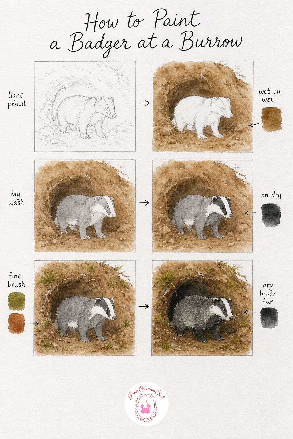 Badger At A Burrow — Draw the badger standing just outside a mounded burrow entrance, keeping its body low and sturdy with a pointed snout. Watercolor animals