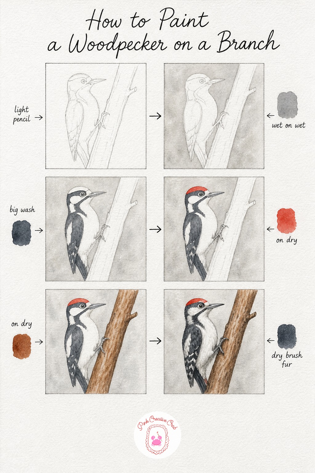 Woodpecker On A Branch — Sketch the woodpecker gripping a bare branch sideways, tail braced against the wood for balance, with a pointed beak angled toward the