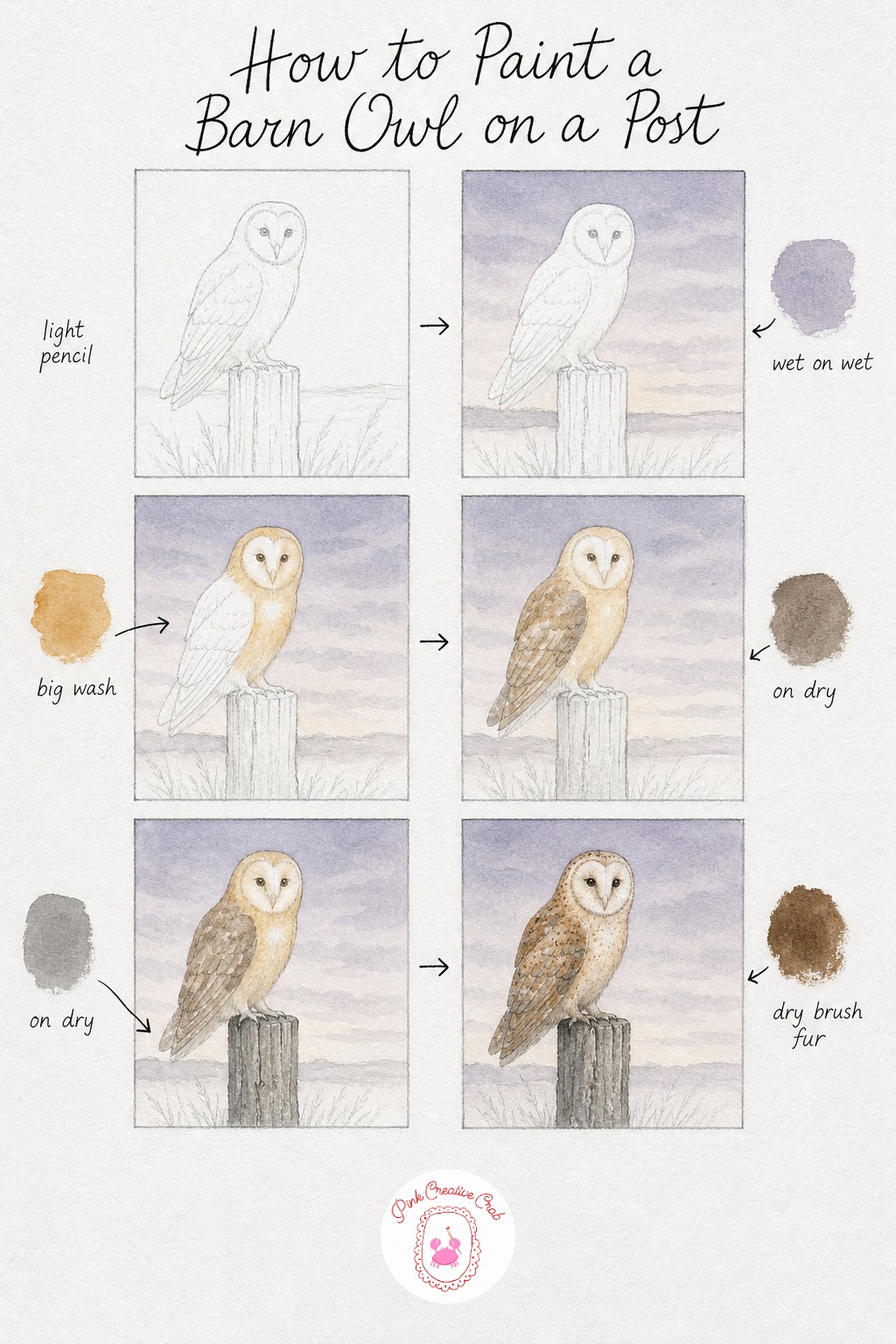 Barn Owl On A Fence Post — Draw the barn owl perched upright on a simple weathered post, heart shaped face turned toward the viewer, wings folded neatly along