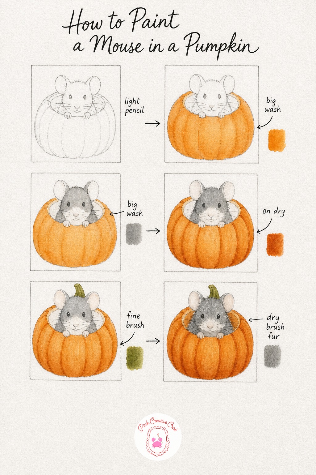 Mouse In A Pumpkin — Draw a rounded pumpkin with a hollow opening at the front, then sketch a small mouse peeking out from inside it, paws resting on the
