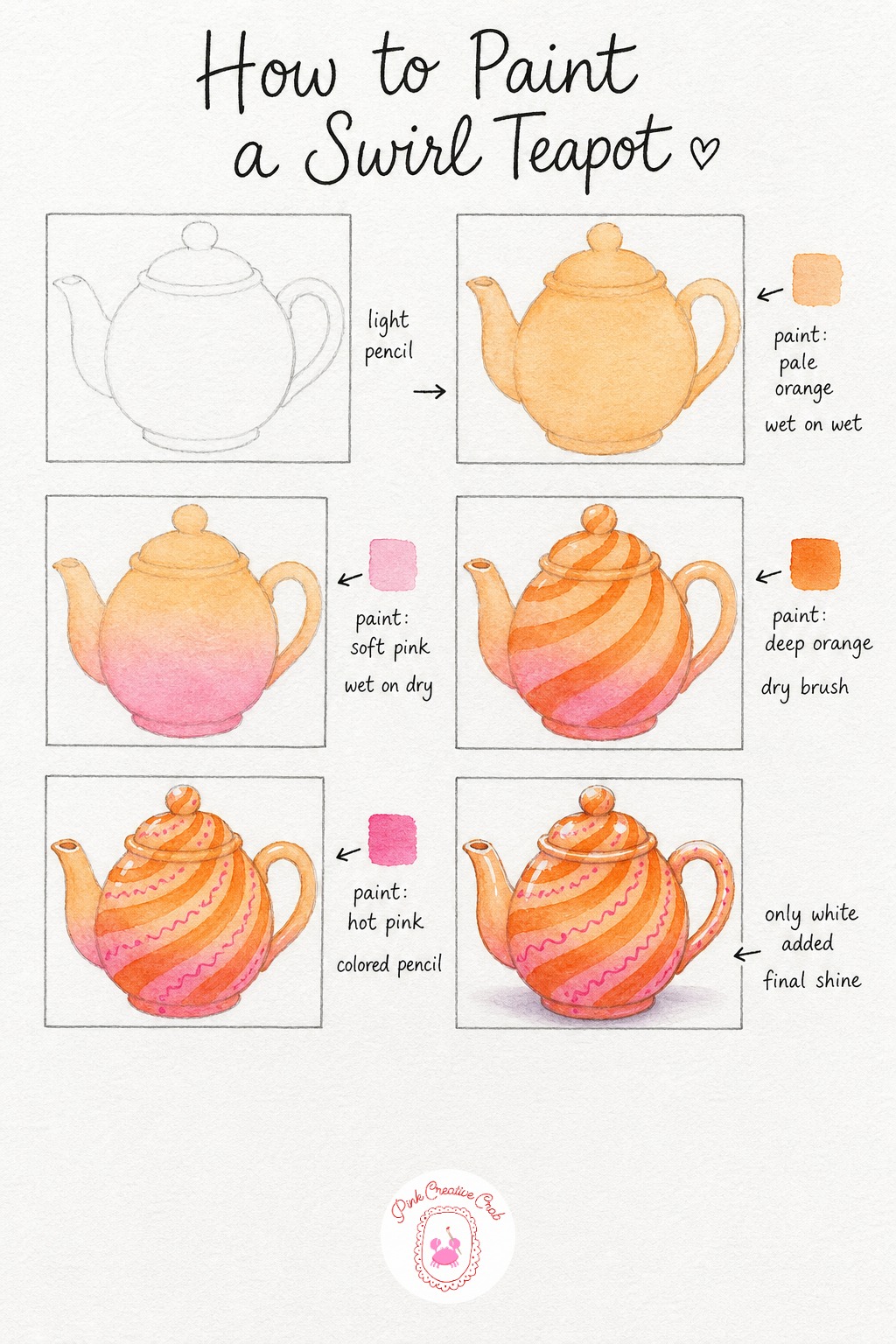 Orange and Pink Swirl Teapot — Start this teapot drawing with a light pencil circle for the body, then add a curved spout, a loop handle and a small round lid