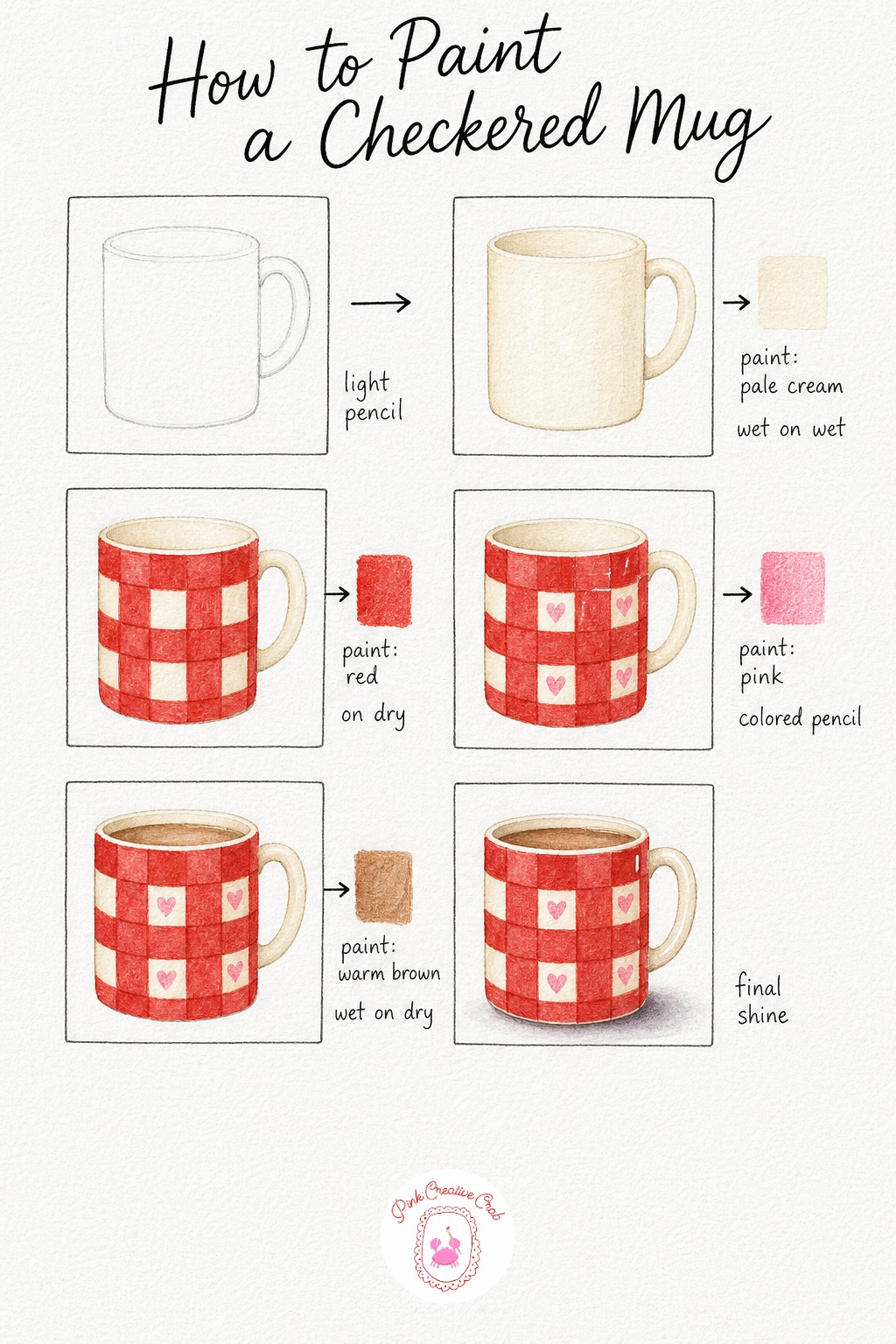 Red Checkered Mug With Hearts — Sketch a simple straight sided cylinder for this mug, with a small loop handle on one side and a thin ellipse for the rim