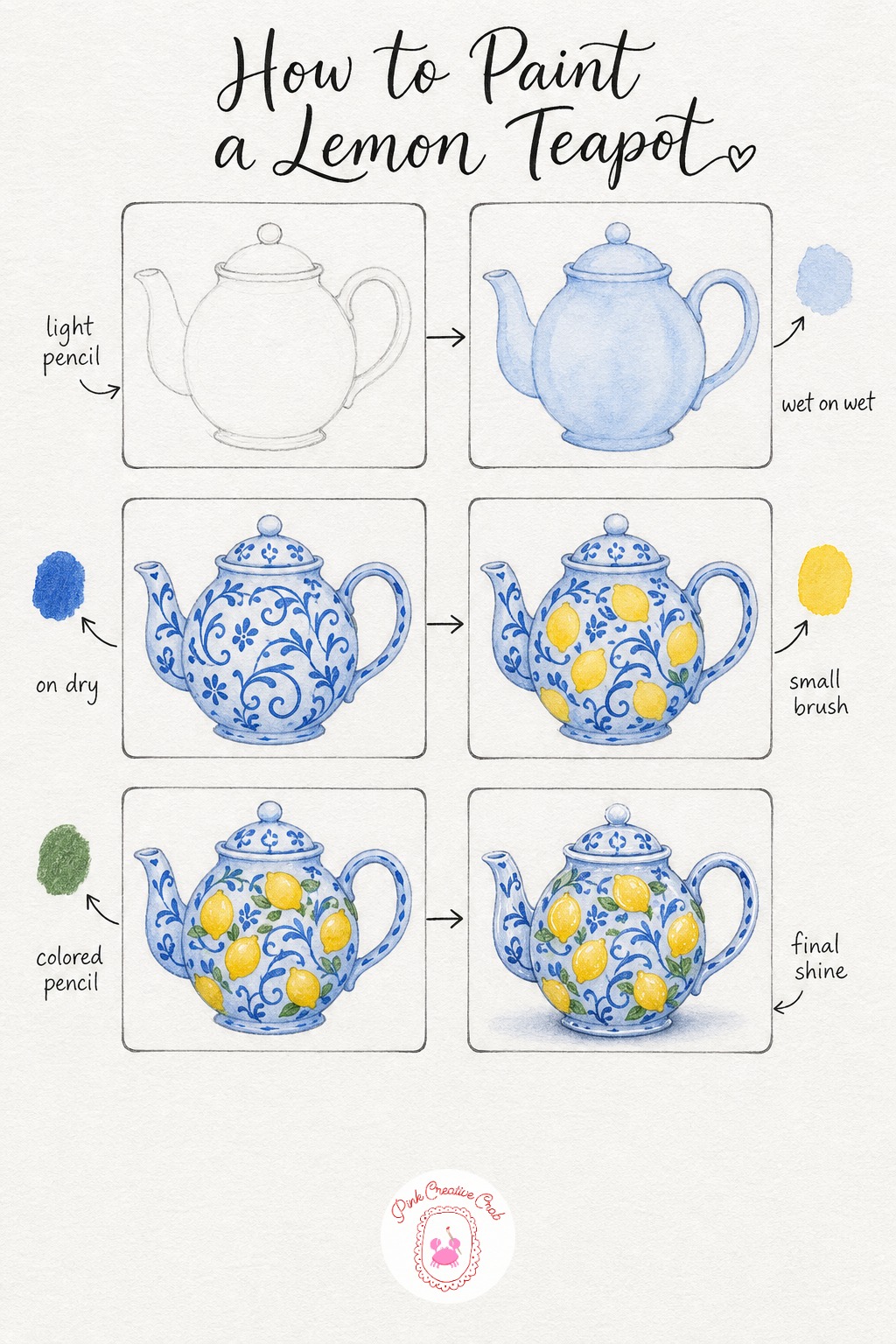 Blue and White Teapot With Lemons — Draw the teapot body as a full rounded shape with a gently curved spout, a loop handle and a small domed lid, keeping the
