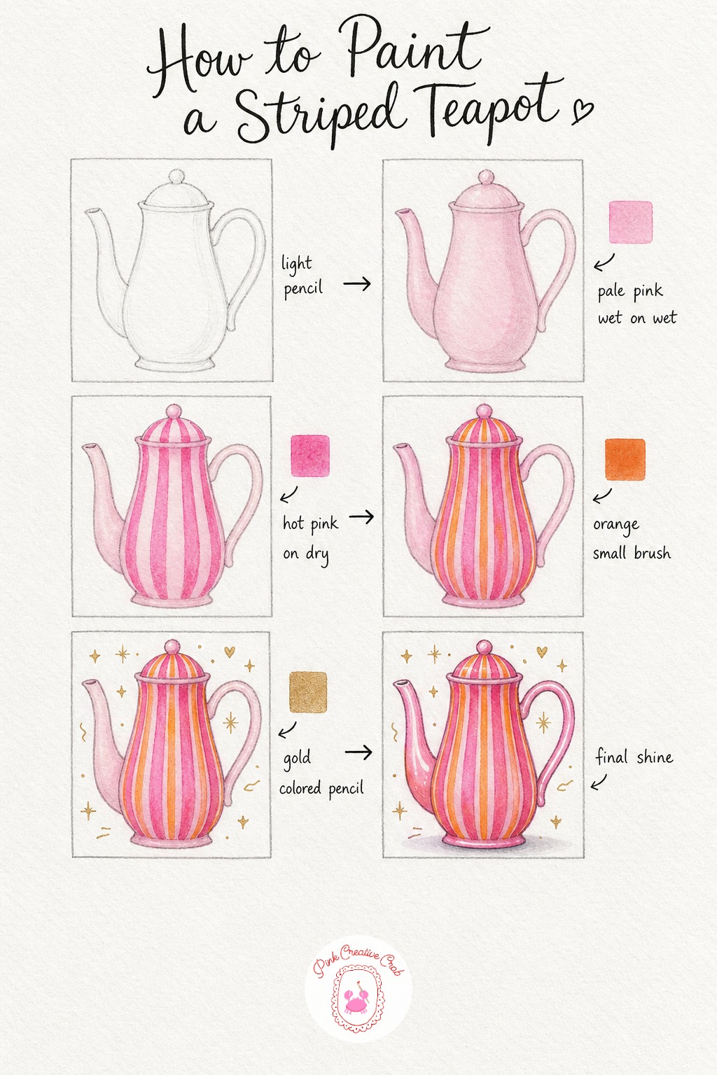 Striped Pink Teapot — Sketch a tall rounded teapot body with a slim curved spout, a simple handle loop and a small lid, keeping the shape a touch taller than