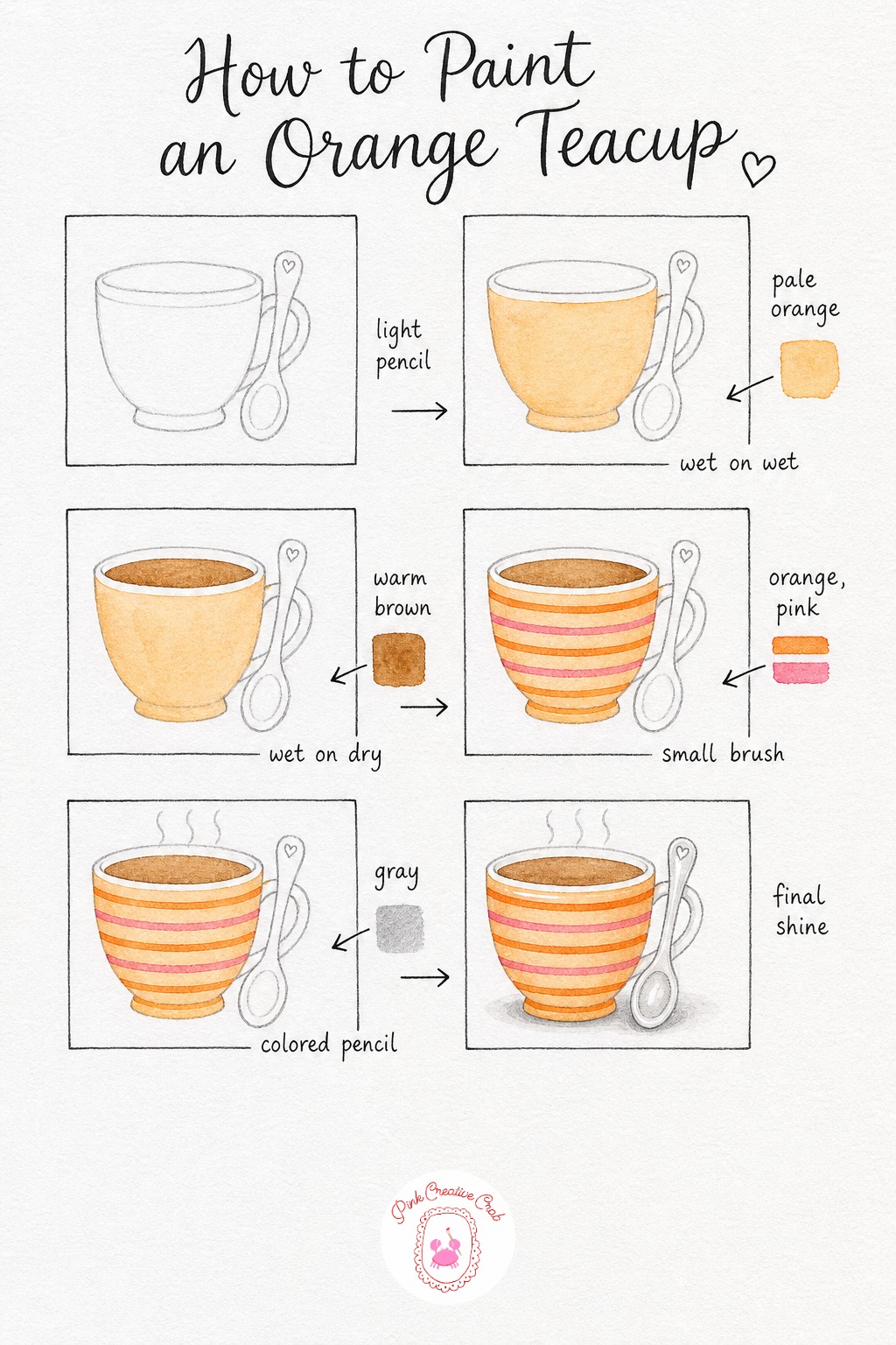 Striped Orange Teacup and Spoon — Sketch a simple round cup with a handle, then add a small spoon leaning against the side for a cozy, just poured feel. Teapot