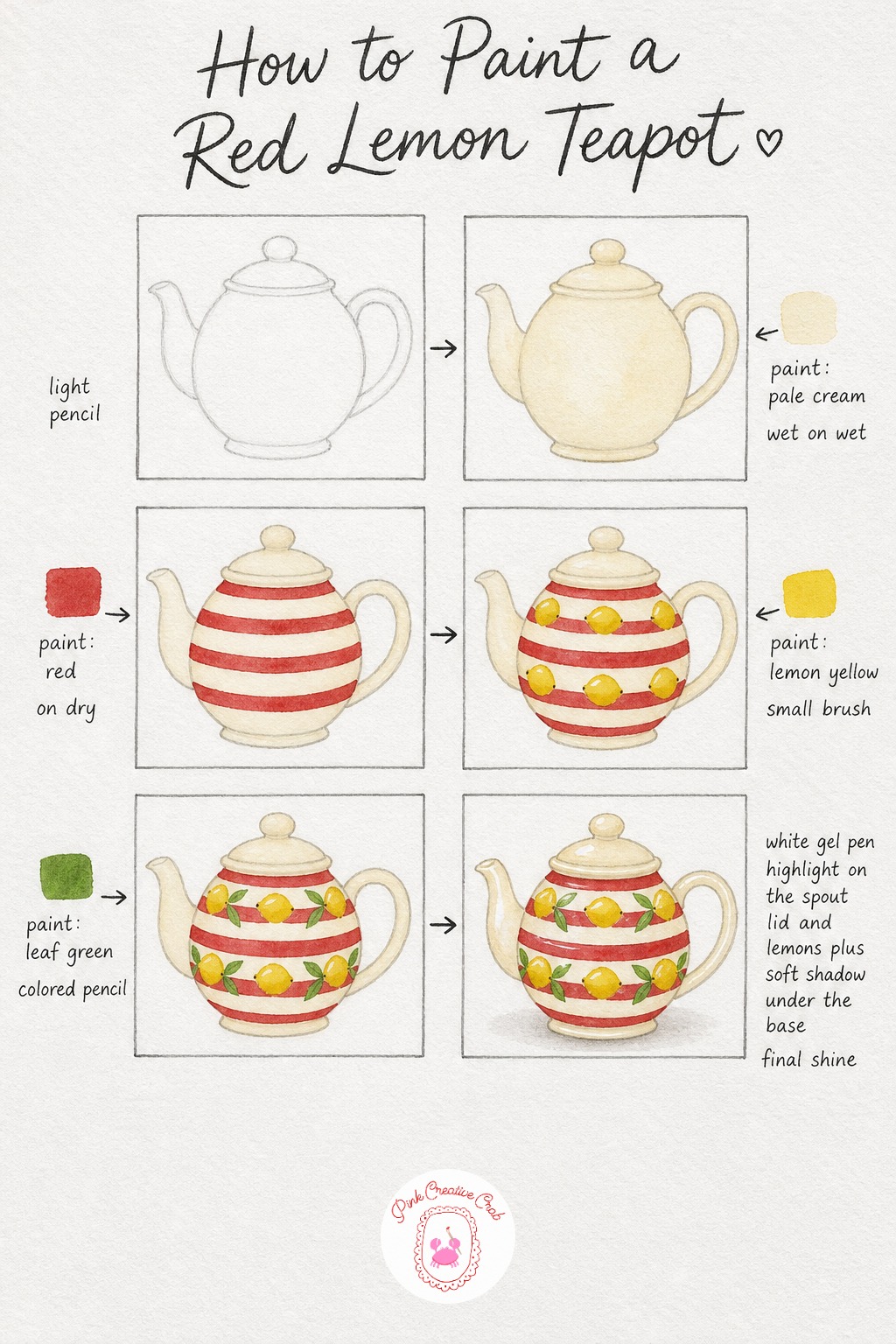 Striped Red Teapot With Lemons — Sketch a rounded teapot body with a curved spout, simple handle and small lid, keeping the pencil light since horizontal