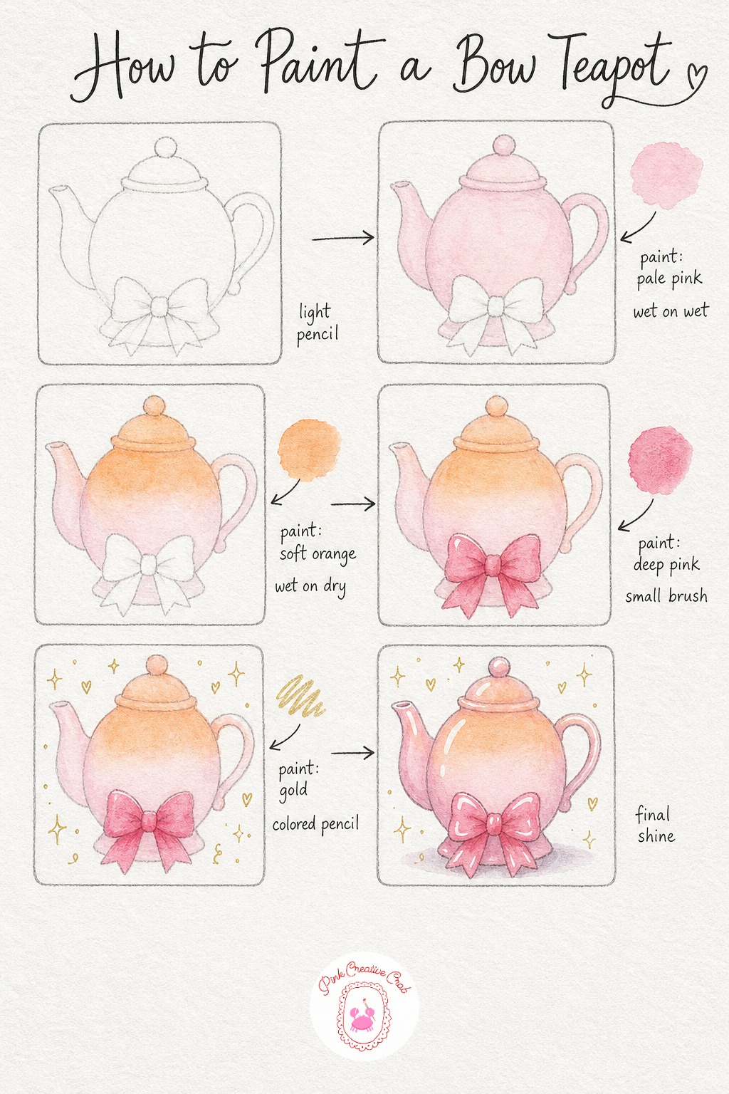 Pastel Teapot With Bow — Draw the teapot body rounded and soft, with a small curved spout, loop handle, domed lid and a little bow shape tucked at the base