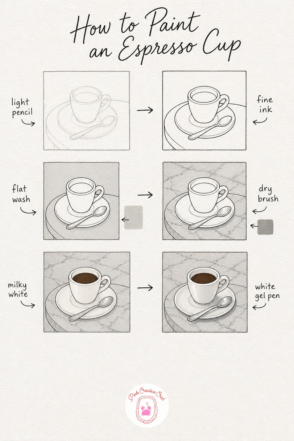 Espresso on Marble Table — Draw a small espresso cup on its saucer with a tiny spoon resting beside it, placed near the bottom edge of a marble table that