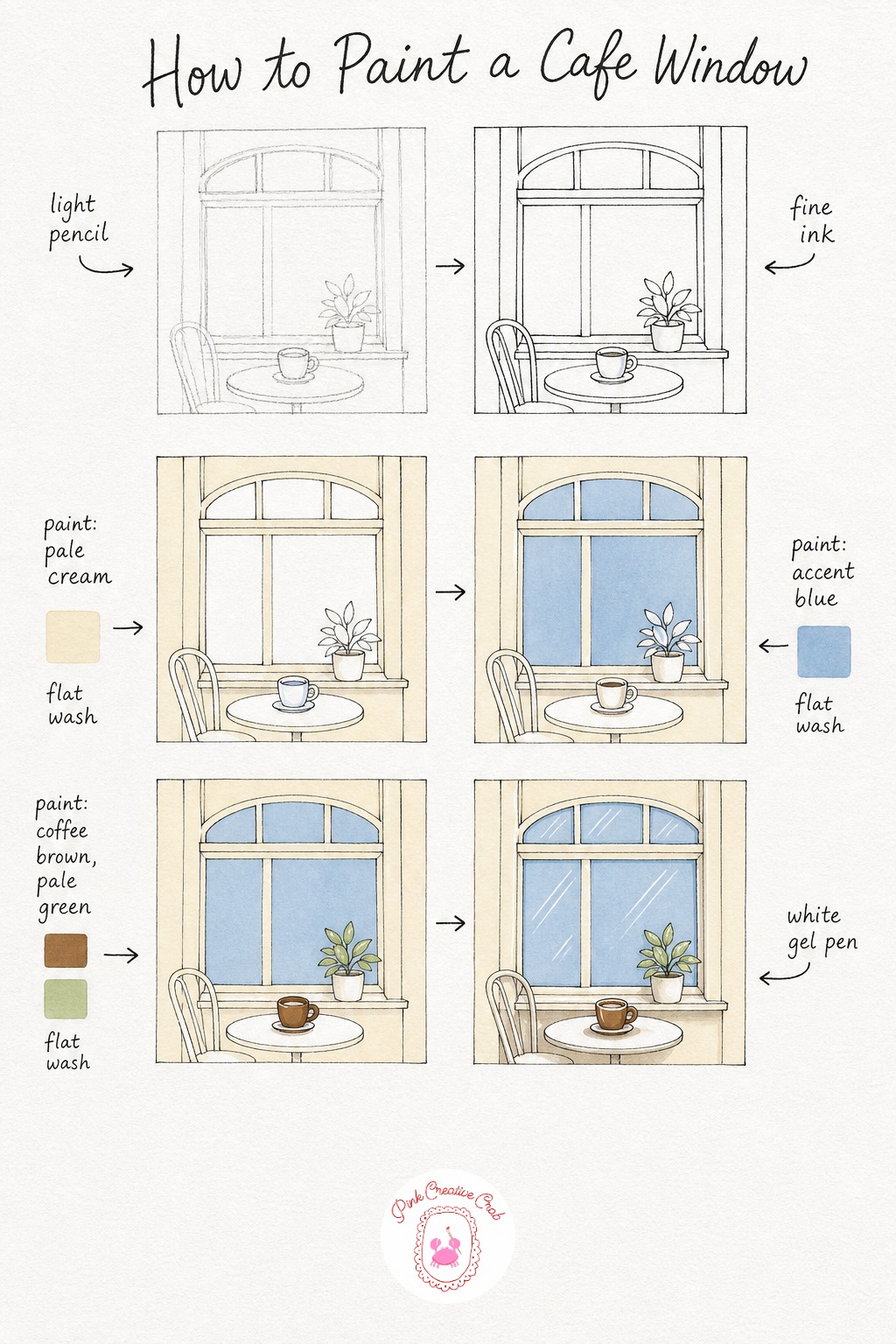 Cafe Window Moment — Sketch a simple window frame taking up most of the page, with a small table in front holding a cup, and a potted plant resting on the