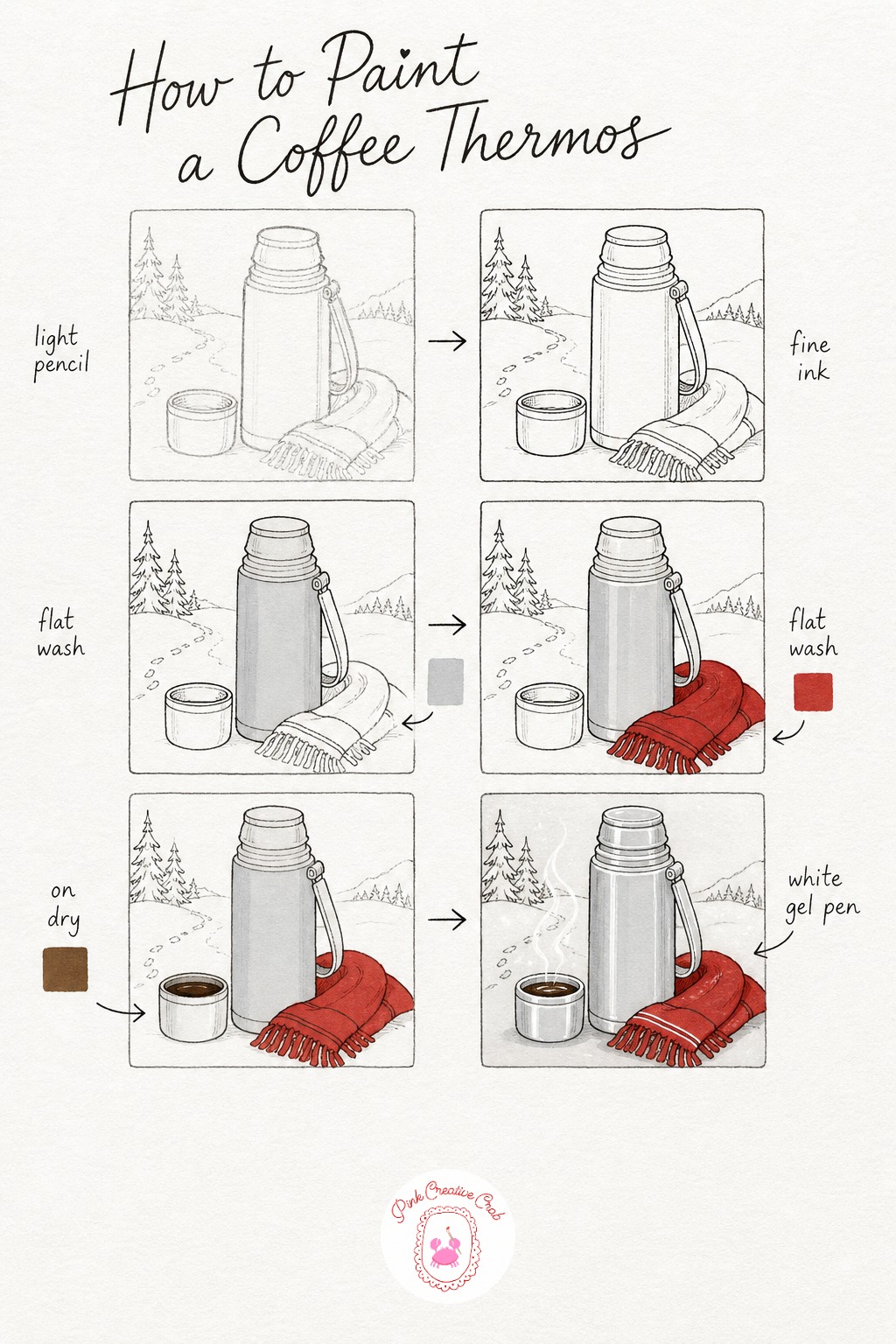 Thermos on a Winter Walk — Draw a simple cylindrical thermos with its small cup lid sitting beside it, poured full, and a soft scarf draped nearby to suggest a